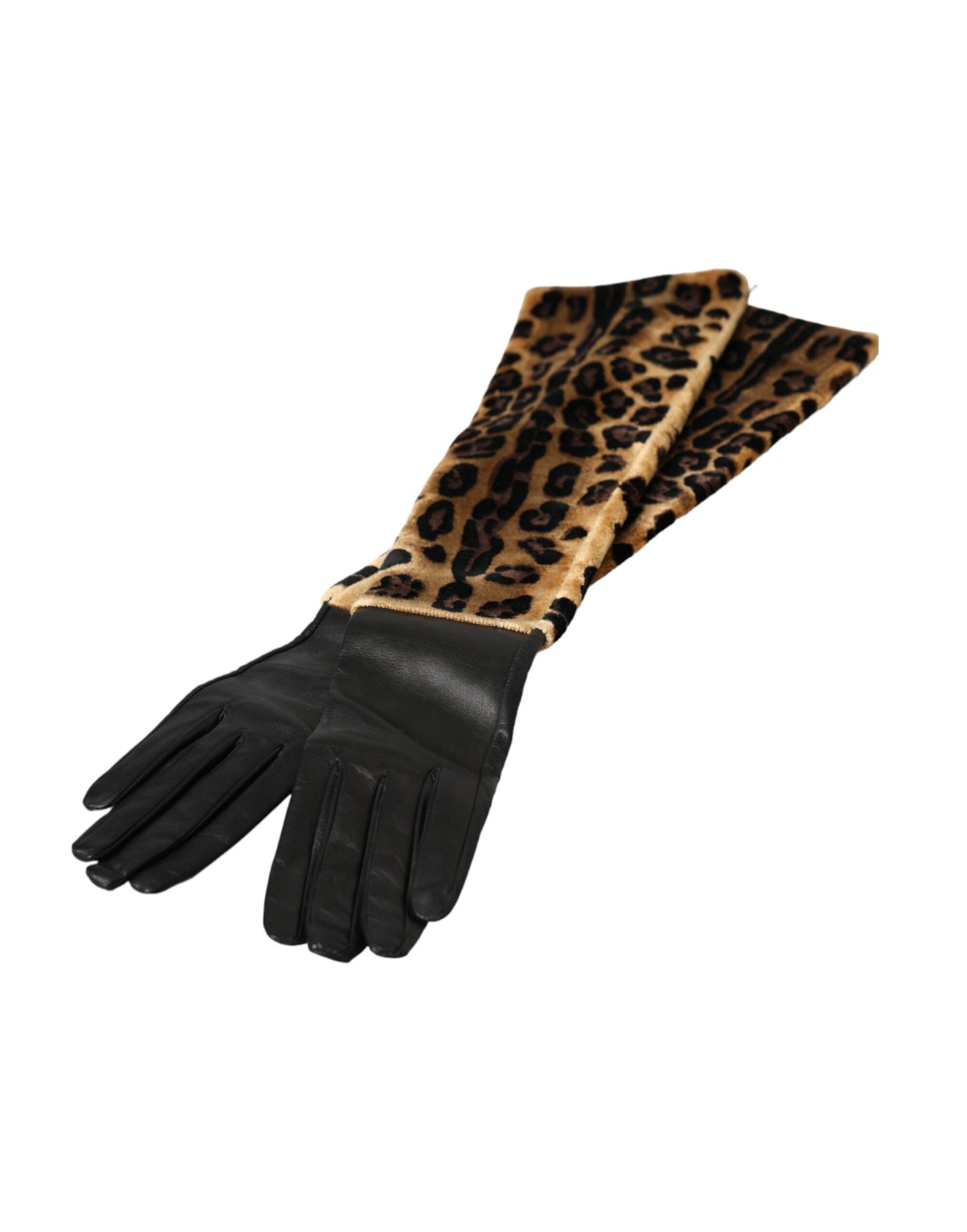 Gants Dolce & Gabbana en cuir marron et noir léopard, longueur coude