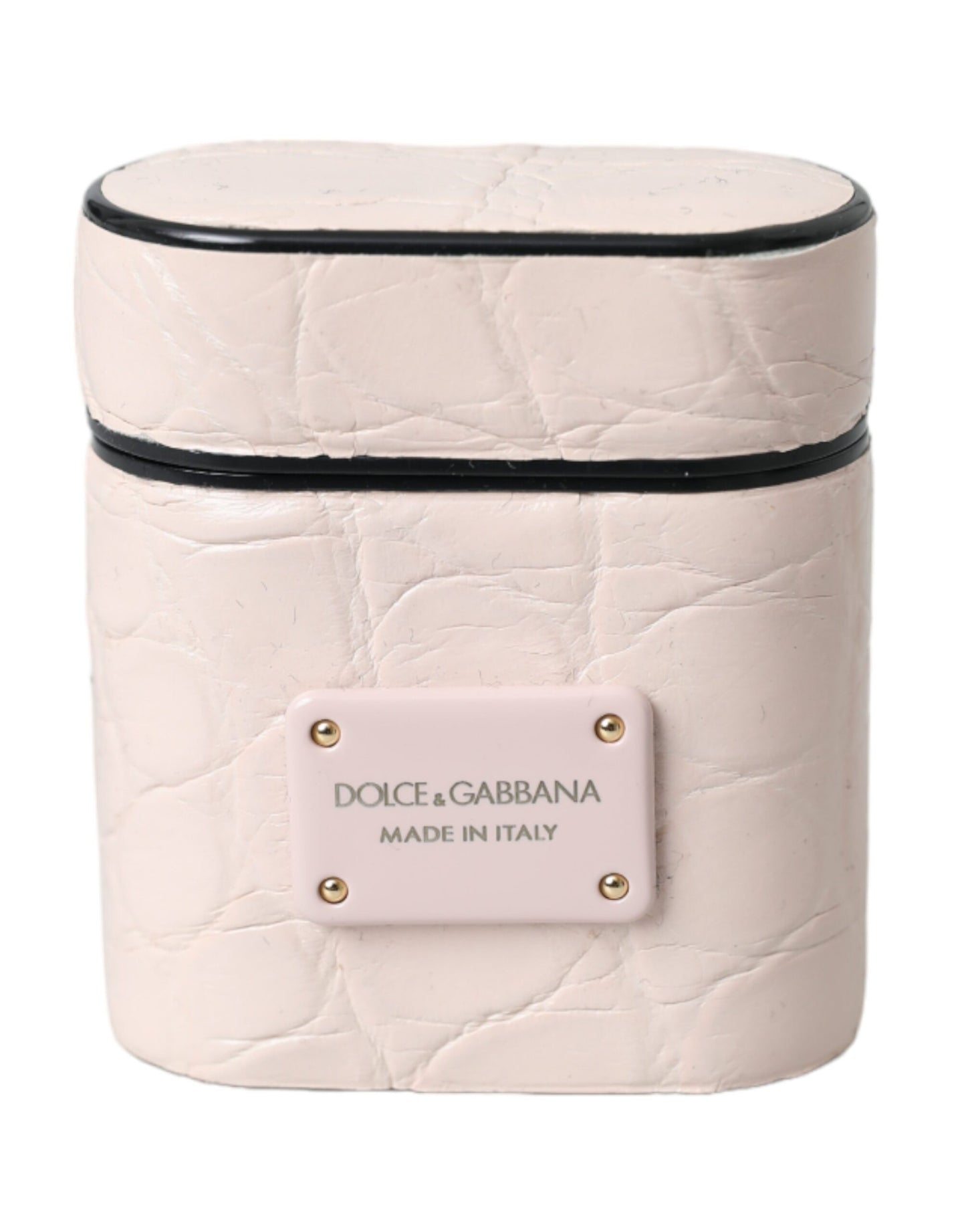 Étui pour Airpods Dolce & Gabbana en cuir rose clair avec logo en métal