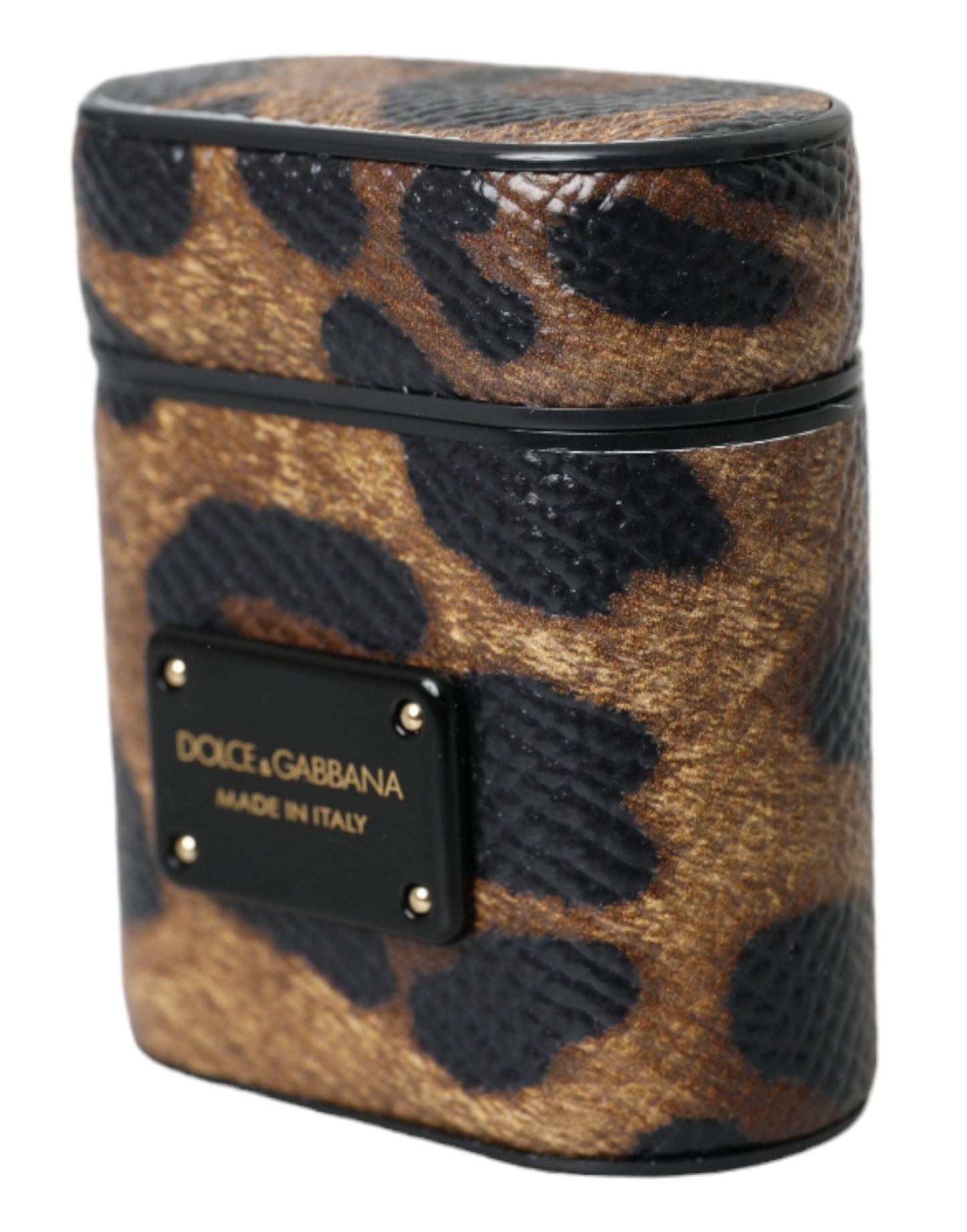 Étui pour Airpods Dolce & Gabbana en cuir de veau léopard marron avec plaque métallique et logo