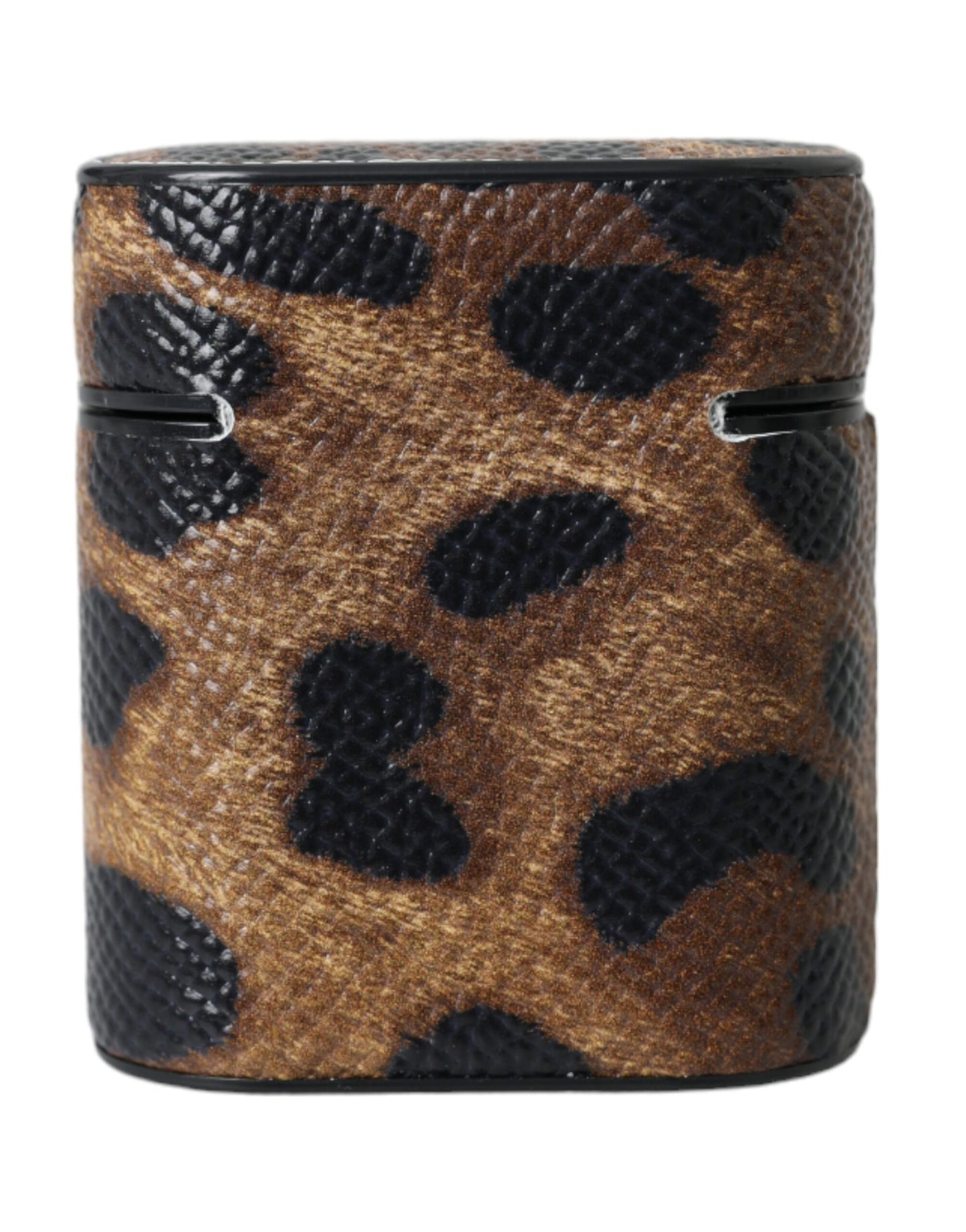Étui pour Airpods Dolce & Gabbana en cuir de veau léopard marron avec plaque métallique et logo