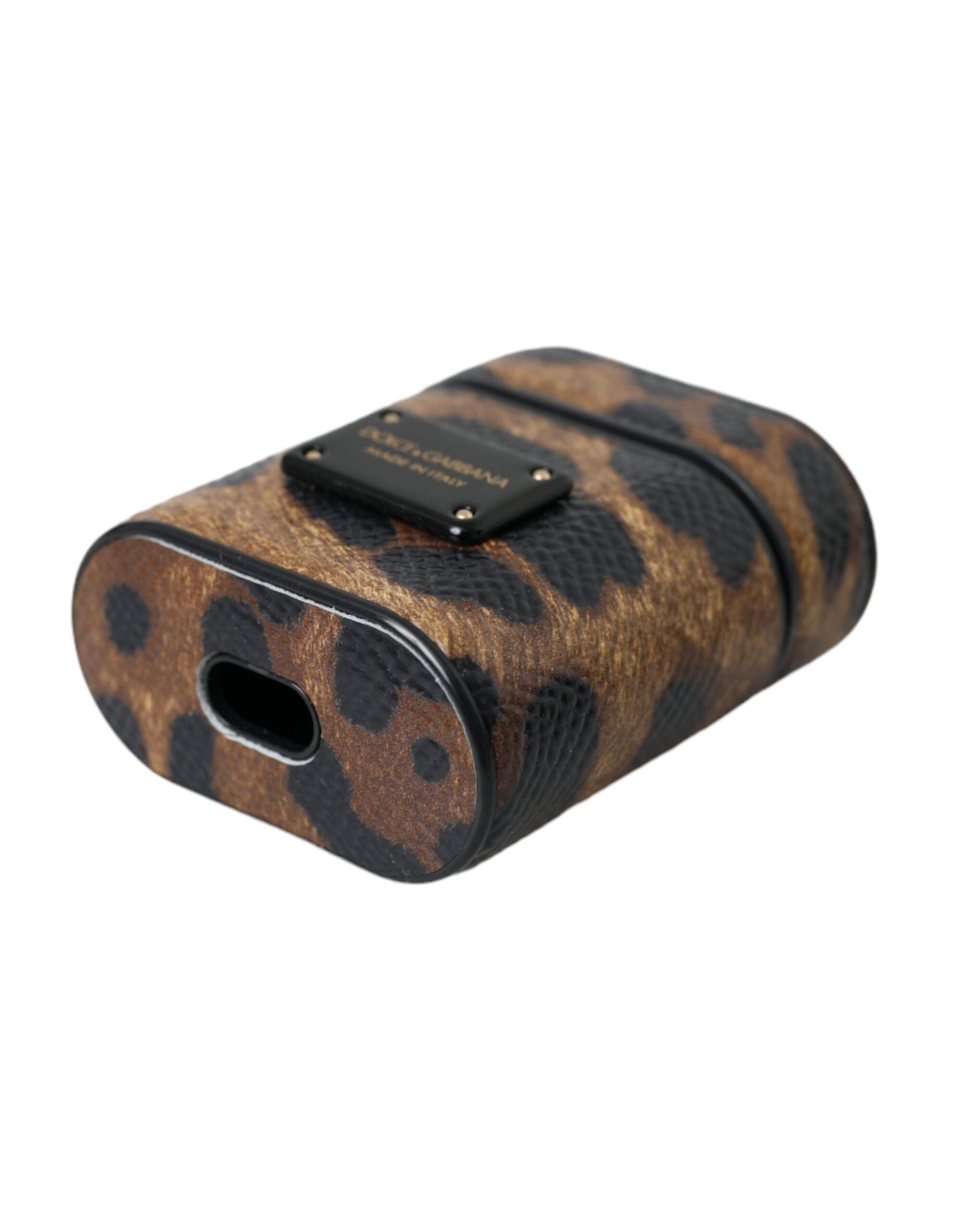 Étui pour Airpods Dolce & Gabbana en cuir de veau léopard marron avec plaque métallique et logo