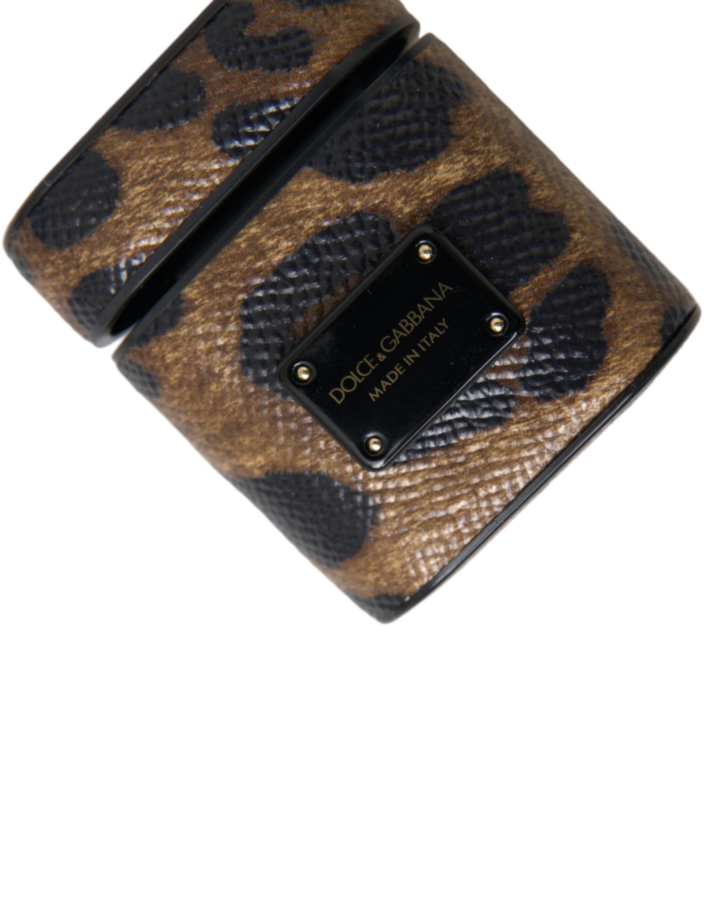 Étui pour Airpods Dolce & Gabbana en cuir de veau léopard marron avec plaque métallique et logo