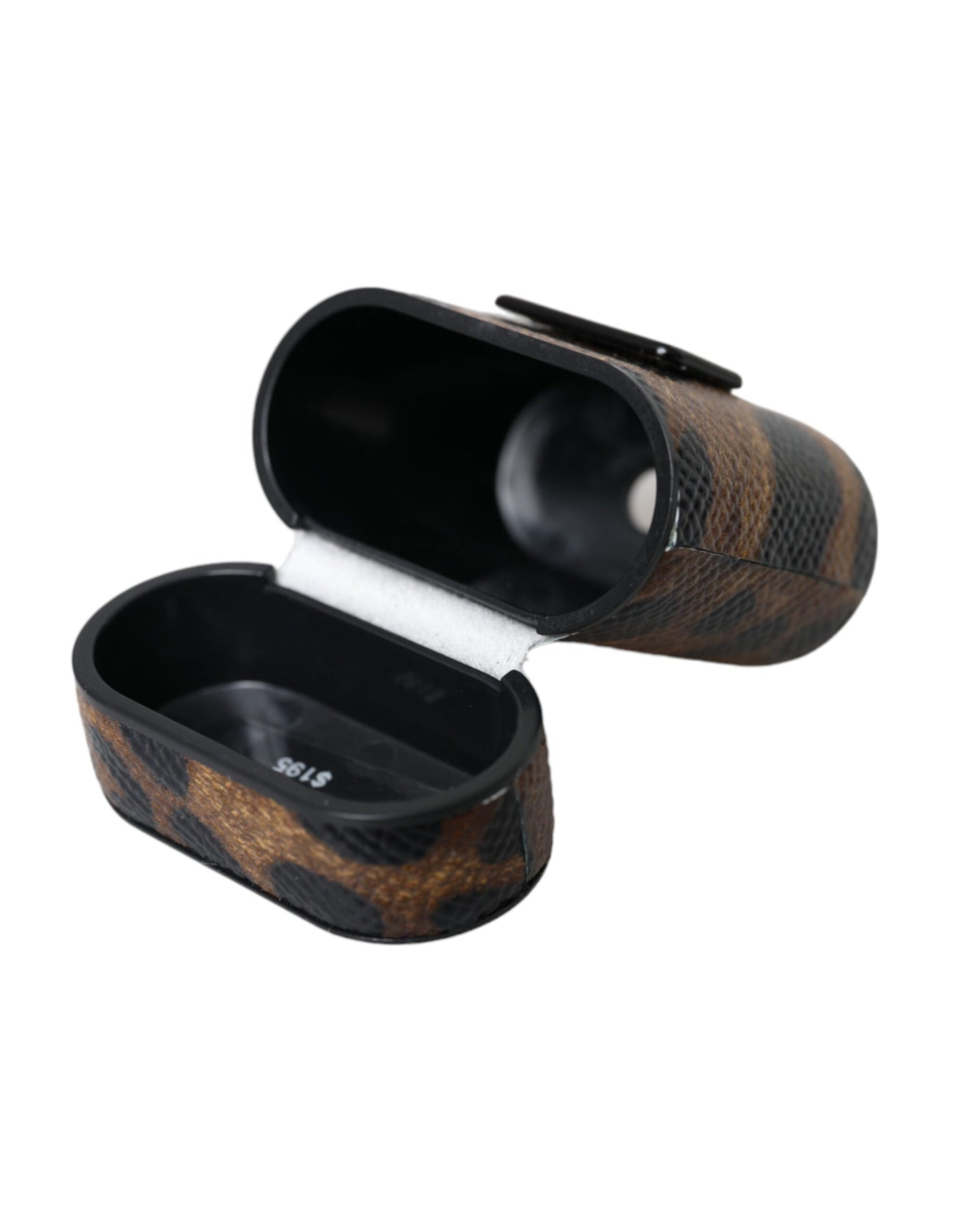 Étui pour Airpods Dolce & Gabbana en cuir de veau léopard marron avec plaque métallique et logo