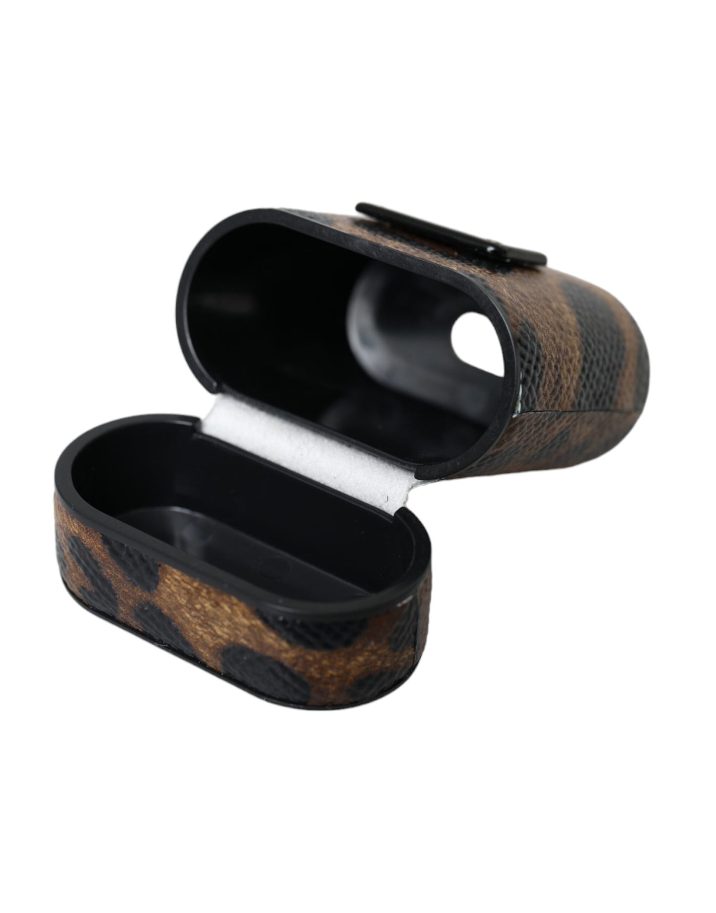 Étui pour Airpods Dolce & Gabbana en cuir de veau léopard marron avec plaque métallique et logo