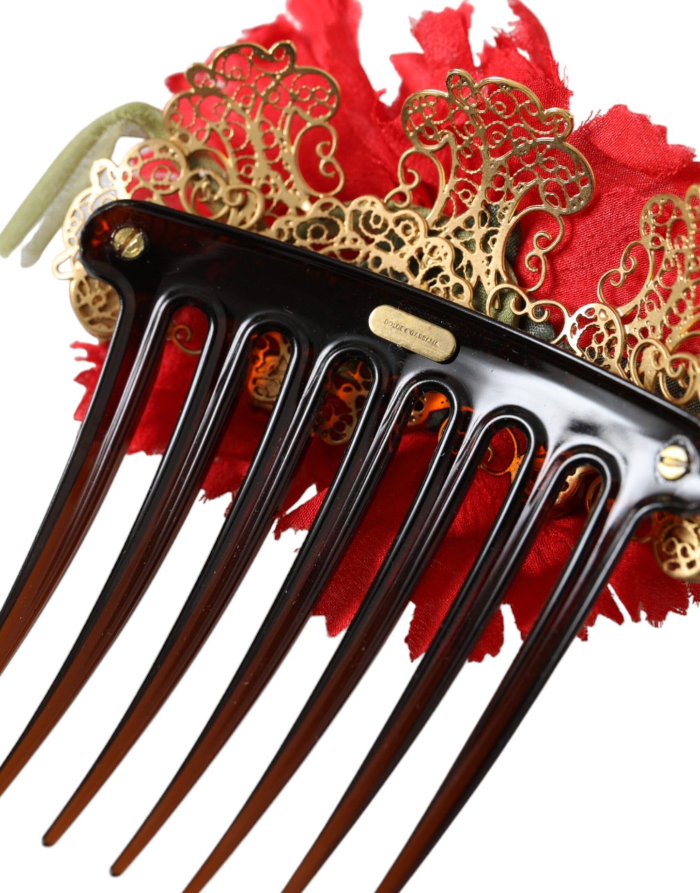 Peigne à cheveux Dolce & Gabbana en soie rouge et laiton doré pour femme