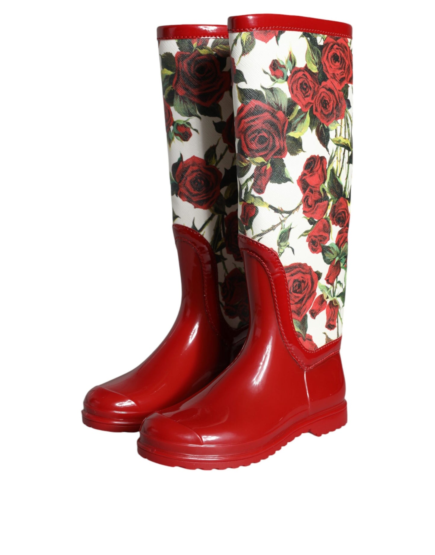 Bottes plates hautes en caoutchouc à fleurs rouges Dolce & Gabbana
