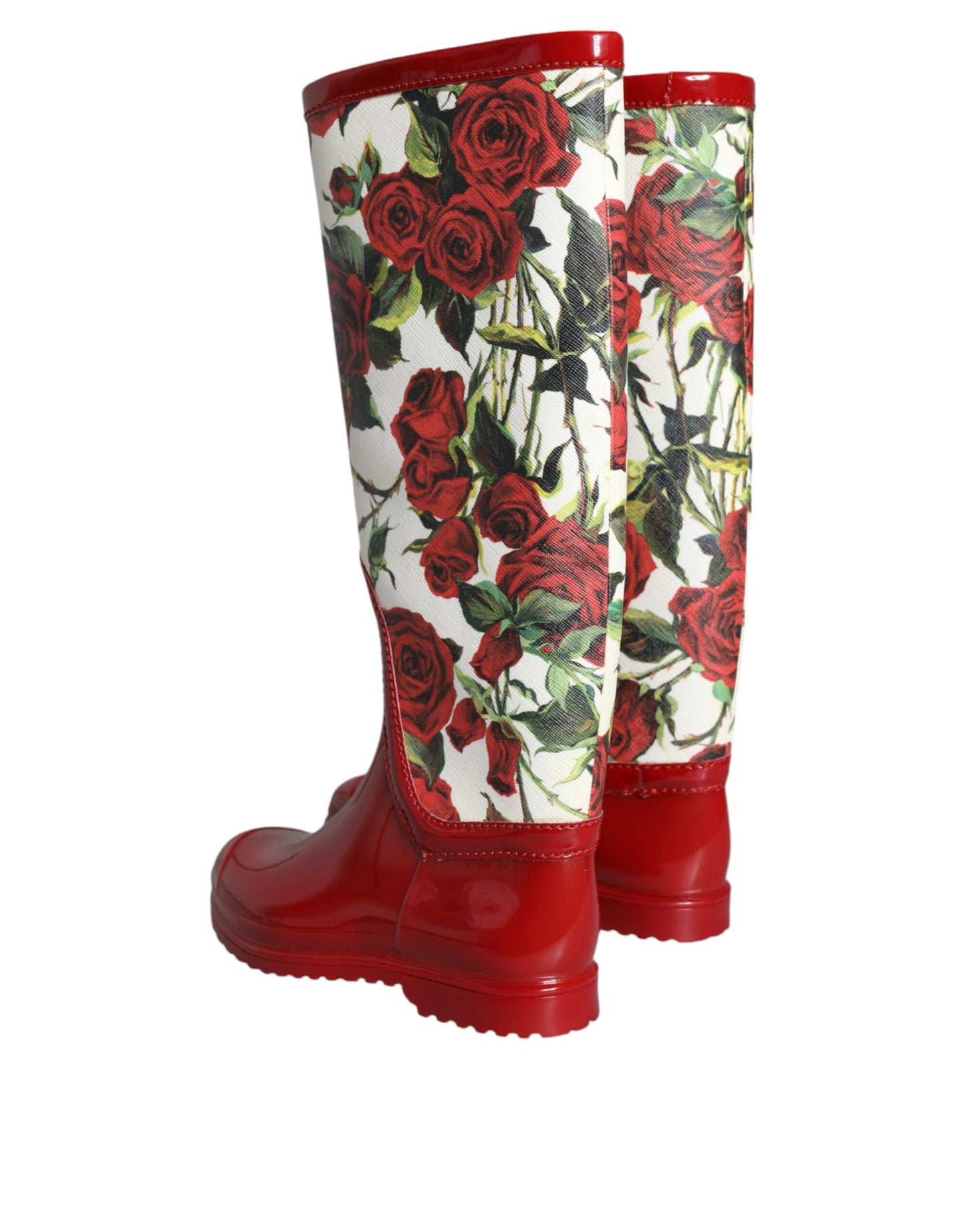 Bottes plates hautes en caoutchouc à fleurs rouges Dolce & Gabbana