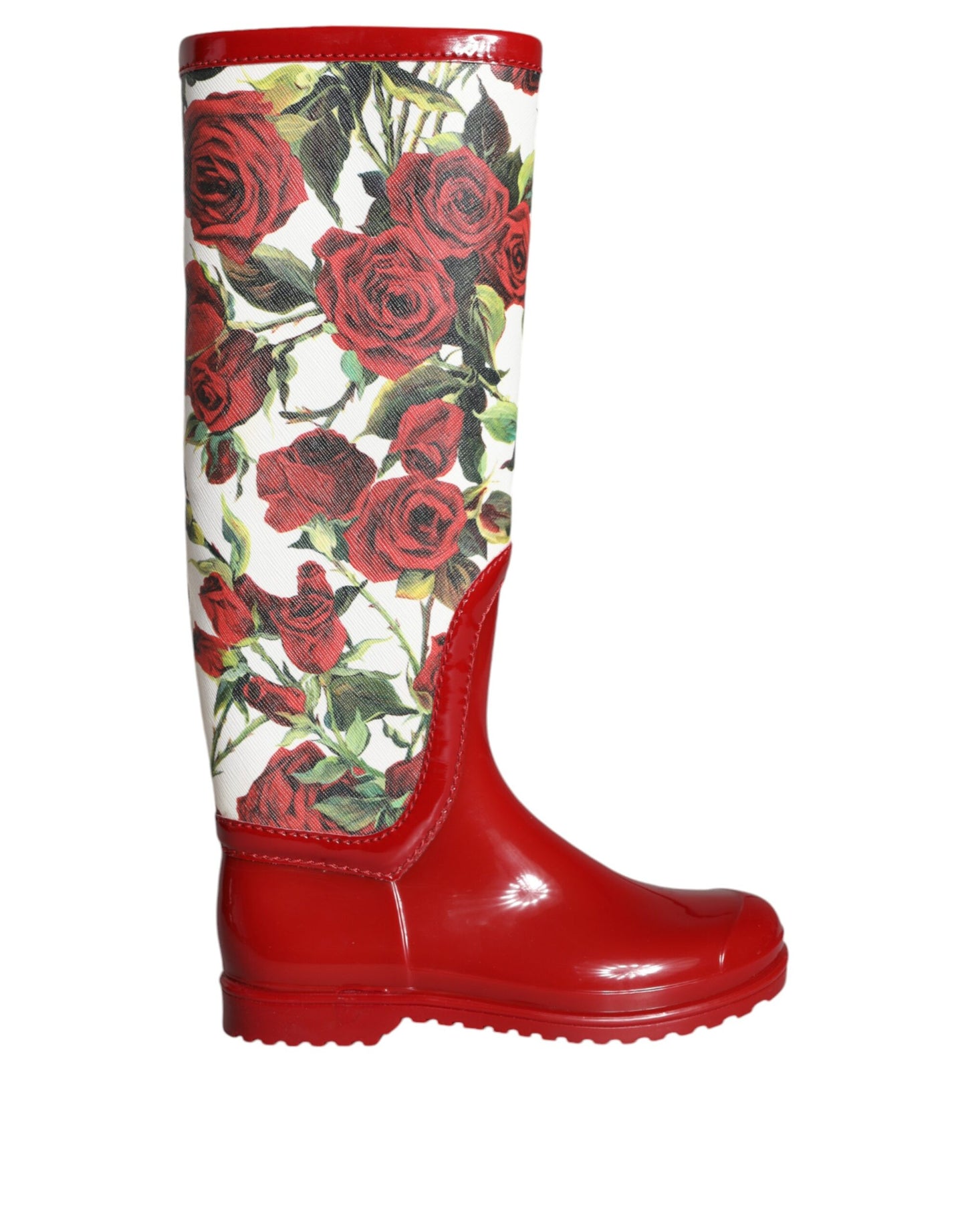 Bottes plates hautes en caoutchouc à fleurs rouges Dolce & Gabbana