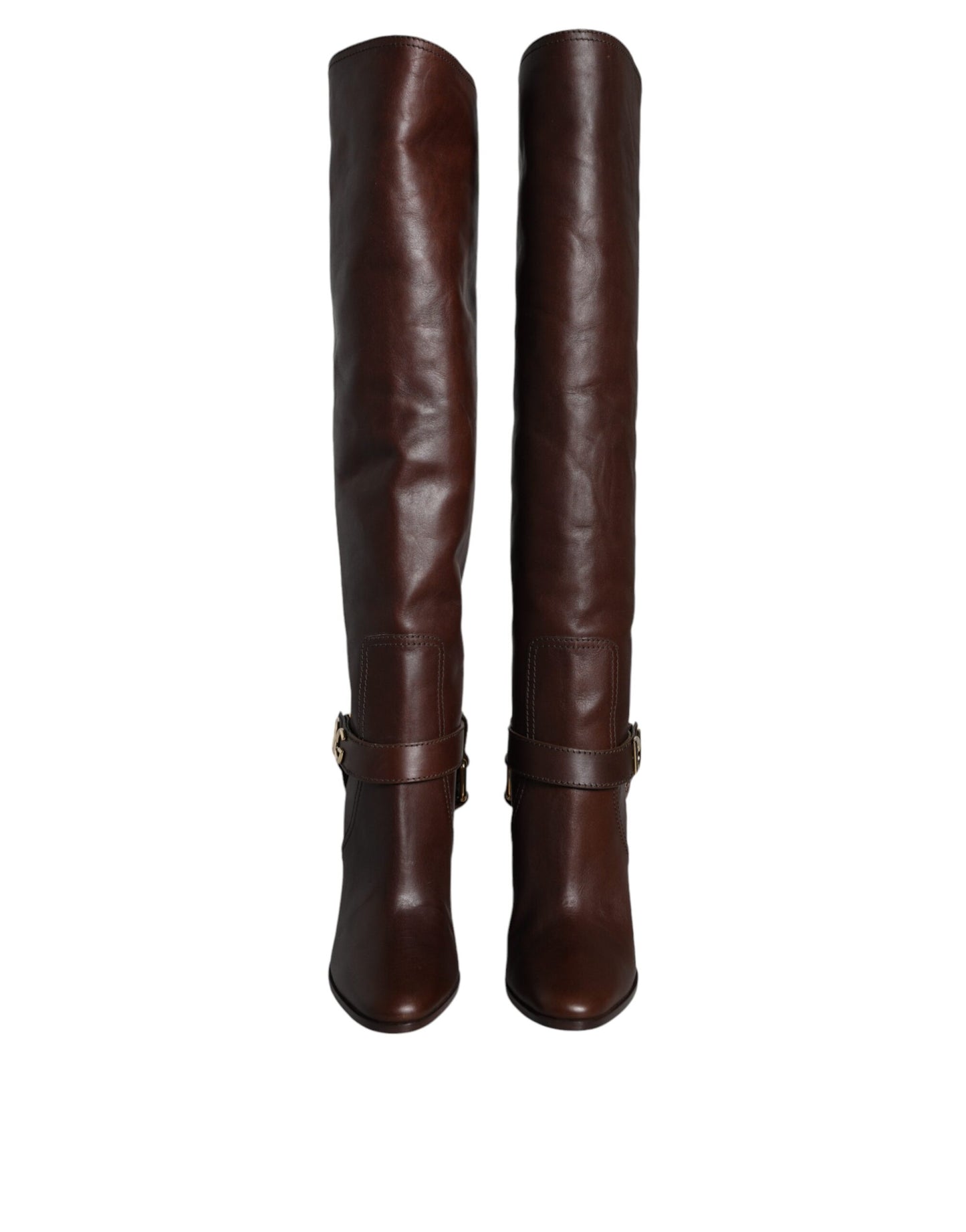 Bottes hautes en cuir marron Dolce & Gabbana avec logo doré