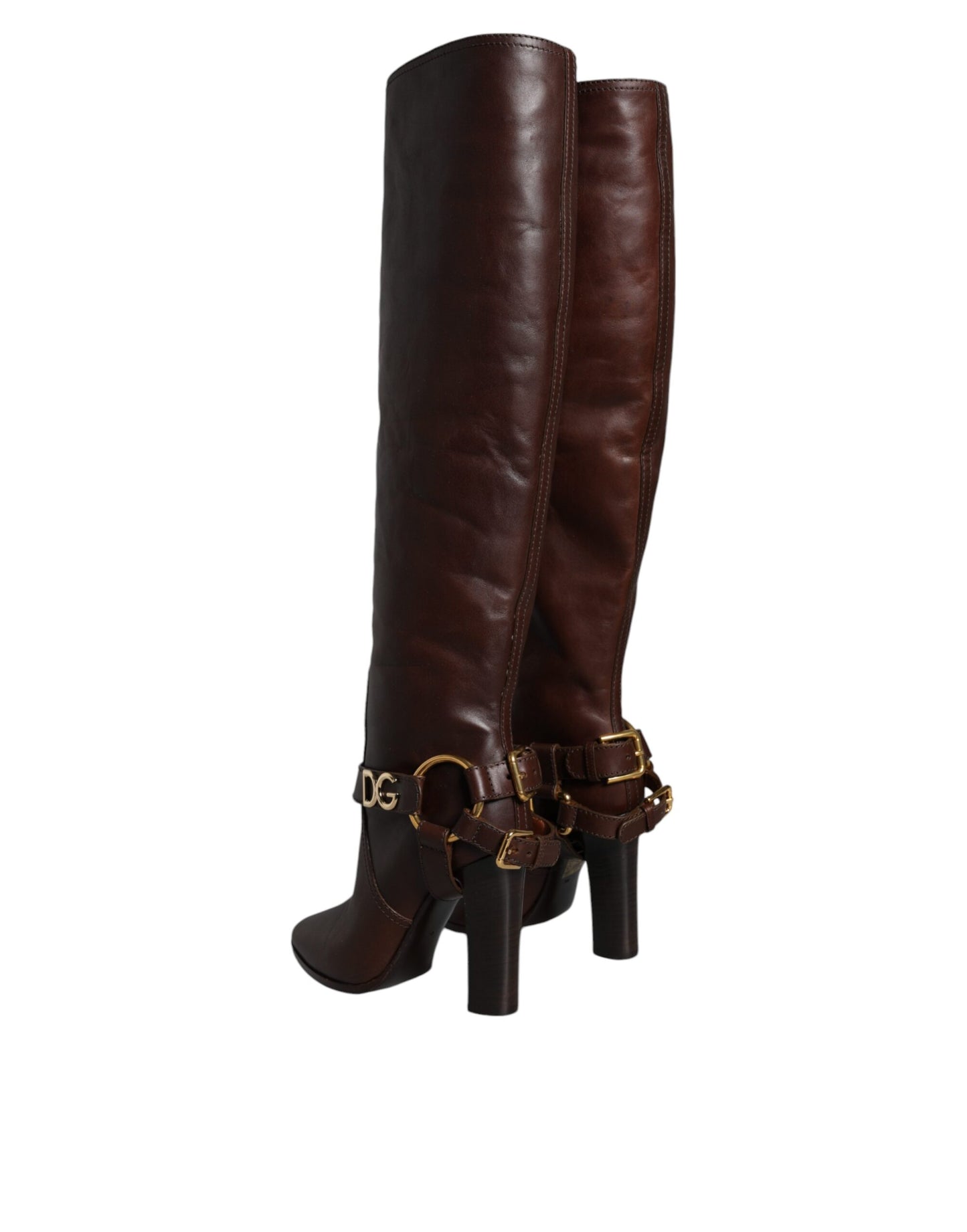 Bottes hautes en cuir marron Dolce & Gabbana avec logo doré