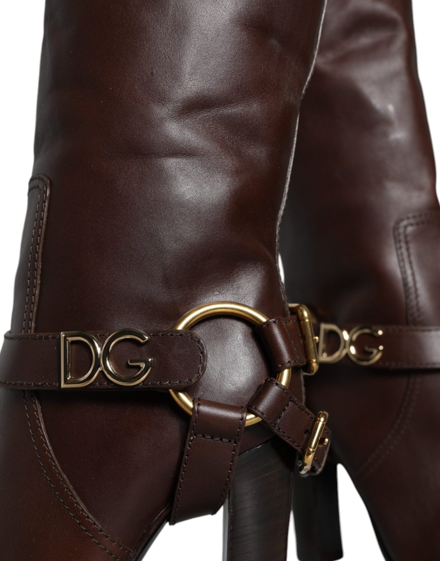 Bottes hautes en cuir marron Dolce & Gabbana avec logo doré