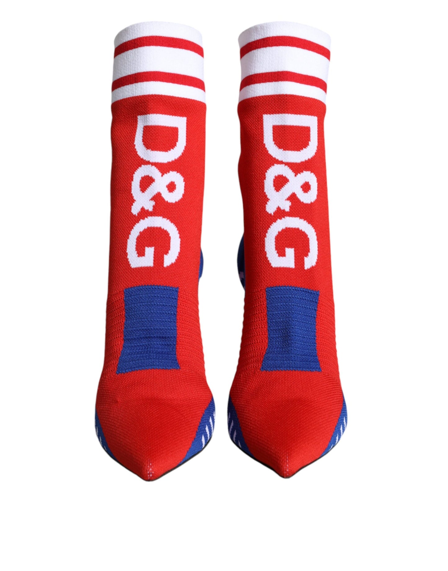 Bottines style chaussettes extensibles Dolce & Gabbana rouges et bleues avec logo