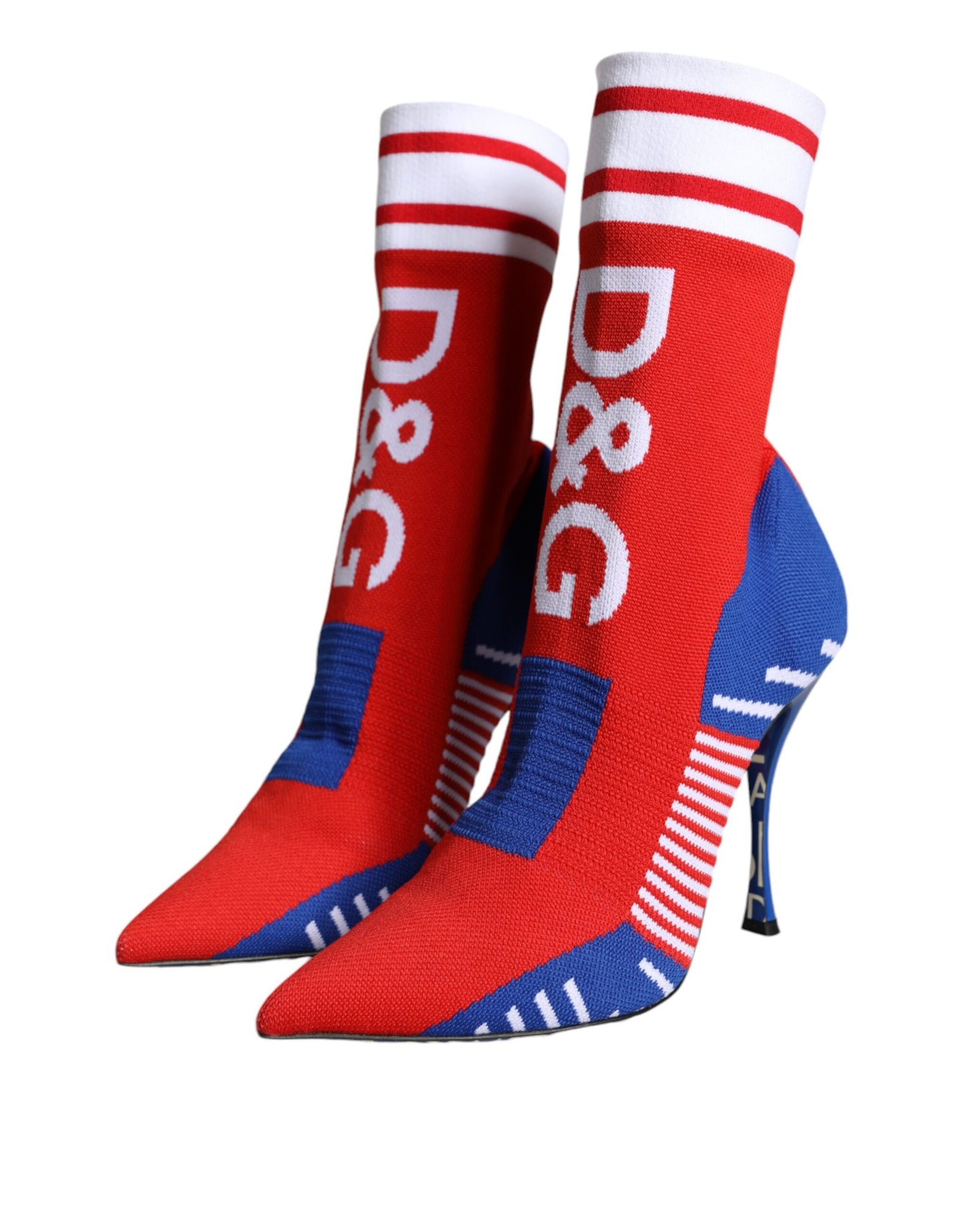Bottines style chaussettes extensibles Dolce & Gabbana rouges et bleues avec logo