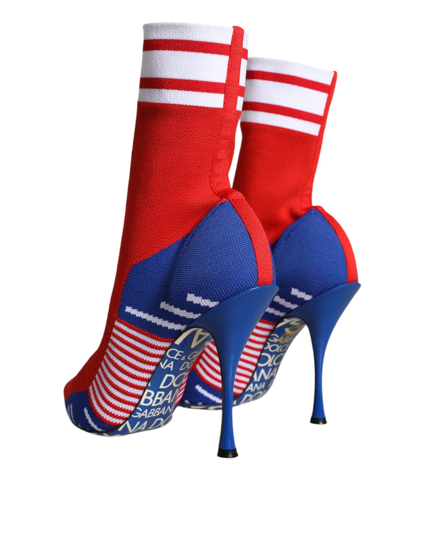 Bottines style chaussettes extensibles Dolce & Gabbana rouges et bleues avec logo