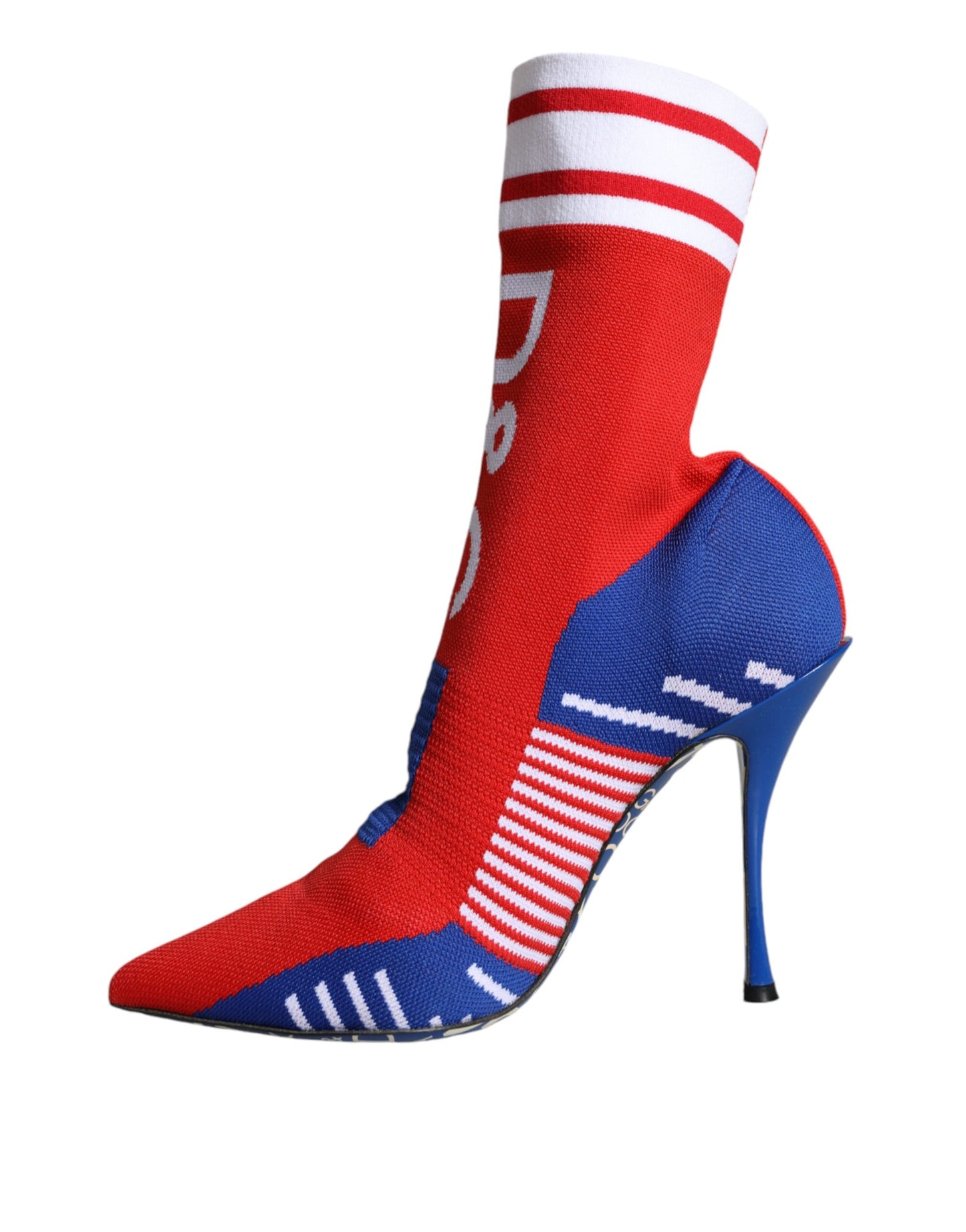 Bottines style chaussettes extensibles Dolce & Gabbana rouges et bleues avec logo