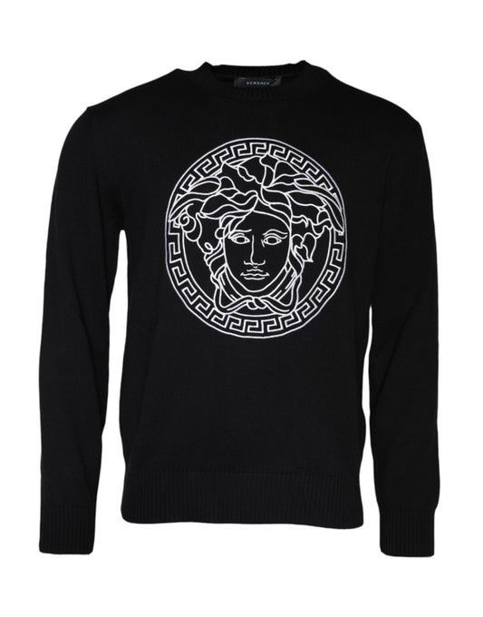 Pull ras du cou noir brodé Medusa de Versace