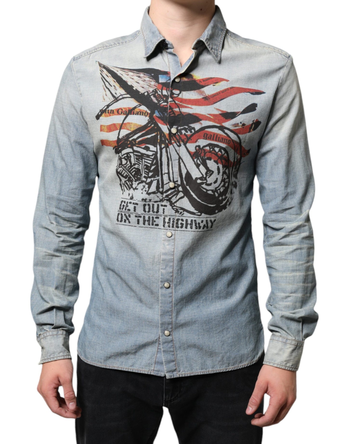 Chemise à manches longues en denim de coton imprimé bleu clair John Galliano