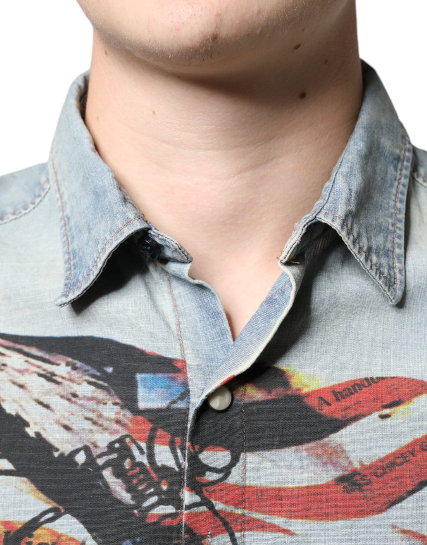 Chemise à manches longues en denim de coton imprimé bleu clair John Galliano