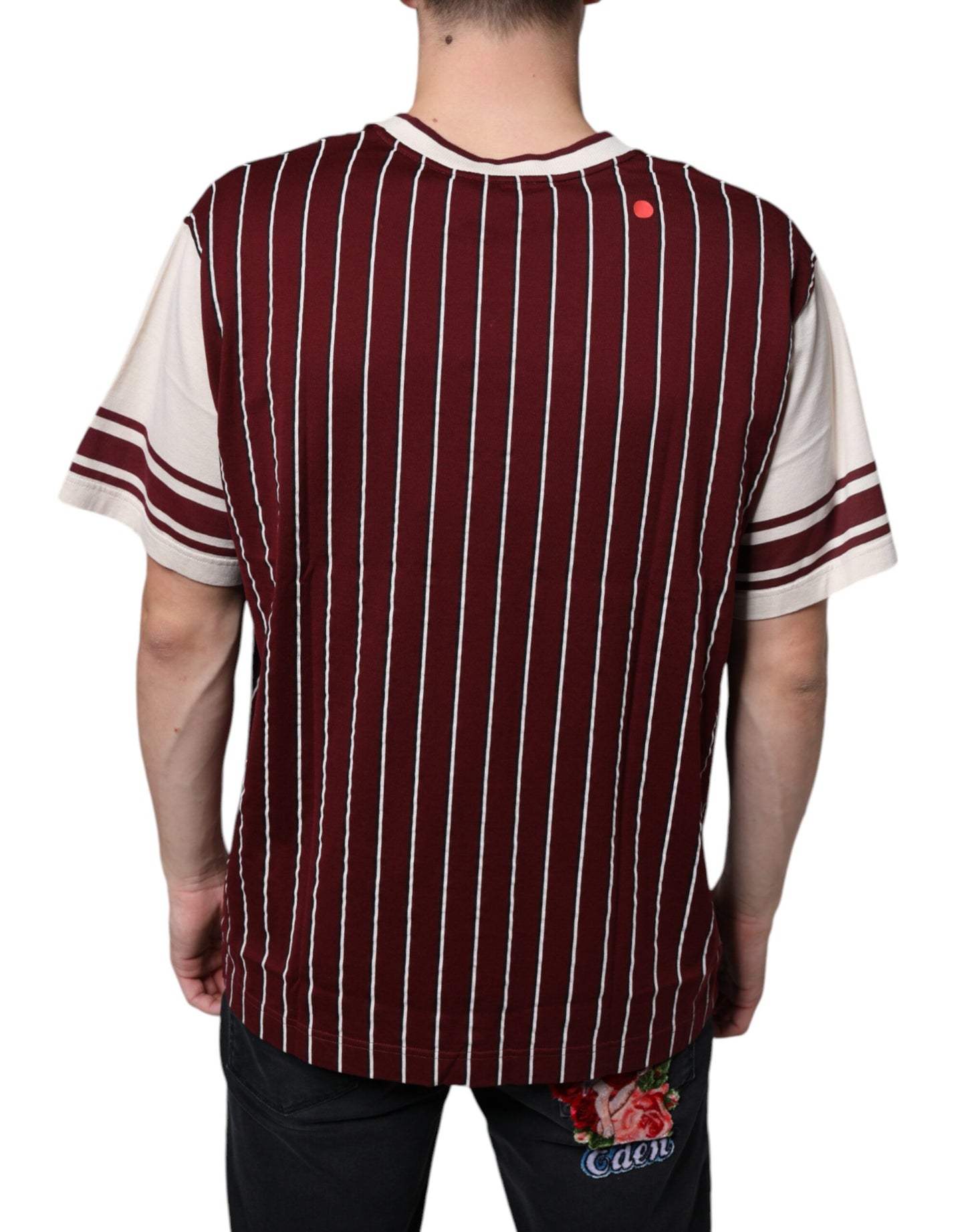 T-shirt col V à rayures marron en coton avec logo Dolce & Gabbana