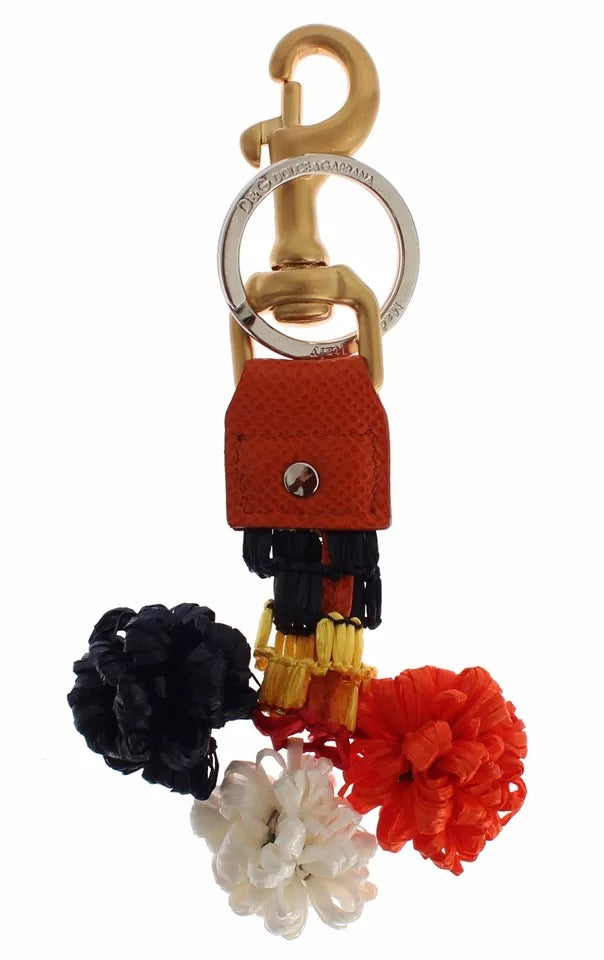 Porte-clés Dolce & Gabbana en cuir raphia marron doré avec fermoir à chaîne