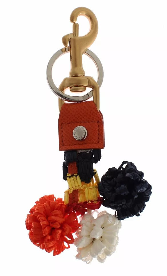 Porte-clés Dolce & Gabbana en cuir raphia marron doré avec fermoir à chaîne