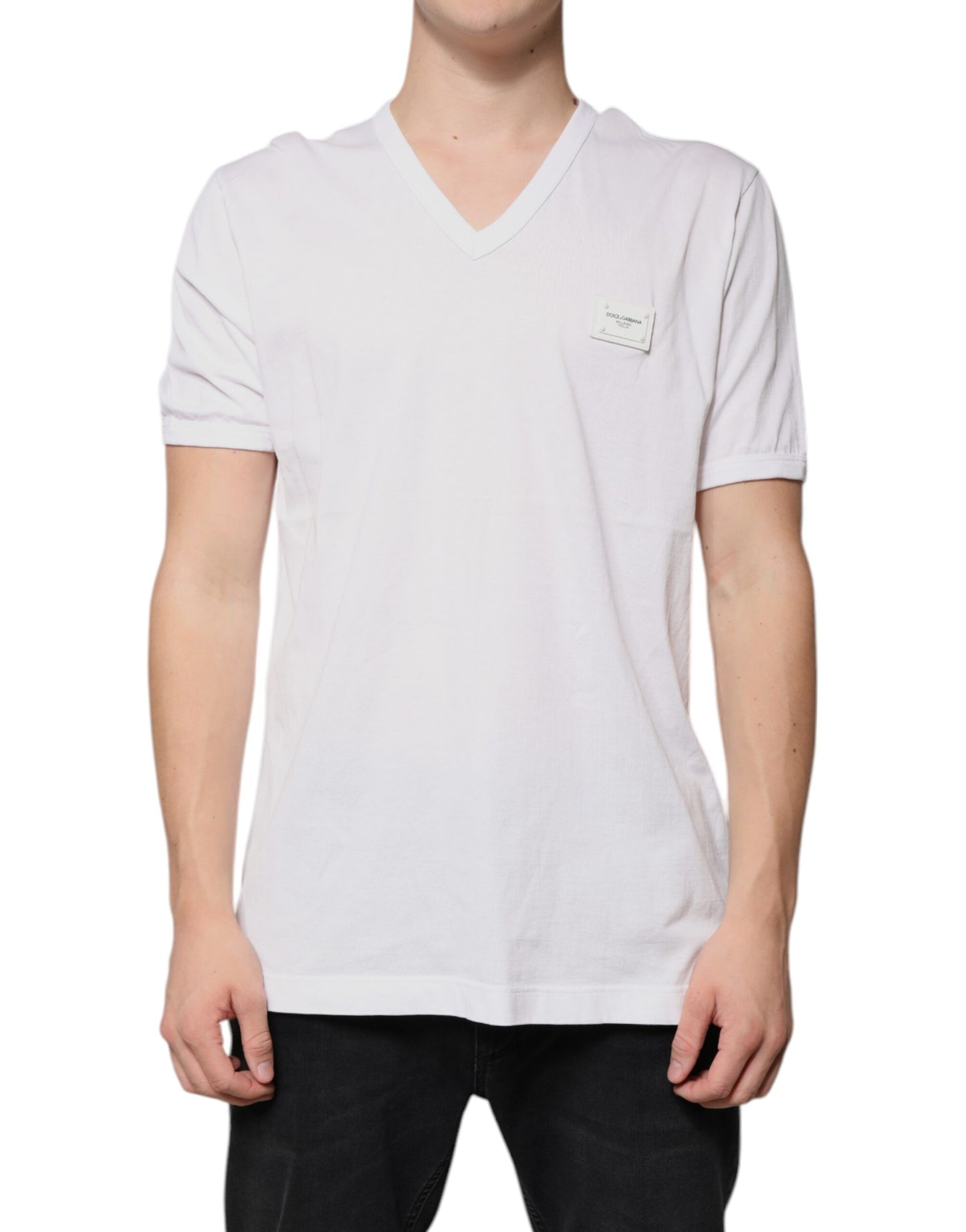 T-shirt à manches courtes et col en V avec logo blanc Dolce & Gabbana