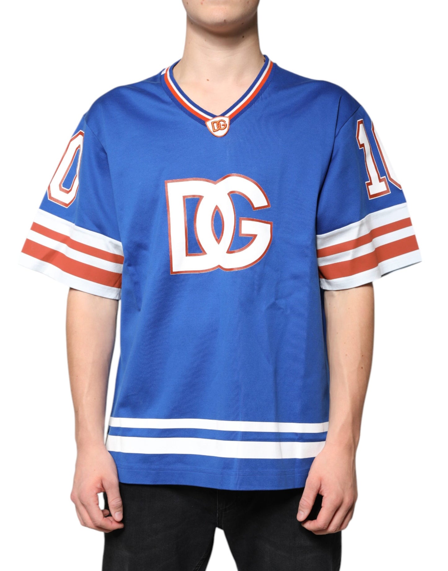 T-shirt à manches courtes et col en V avec logo bleu Dolce & Gabbana