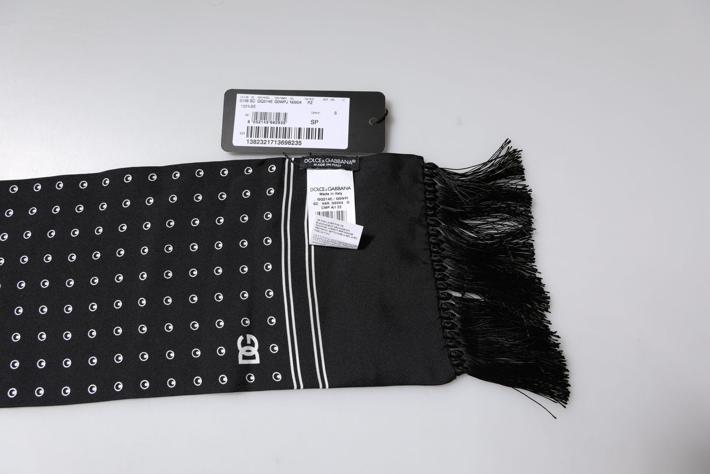 Foulard fin à franges en soie à pois noirs et blancs Dolce & Gabbana