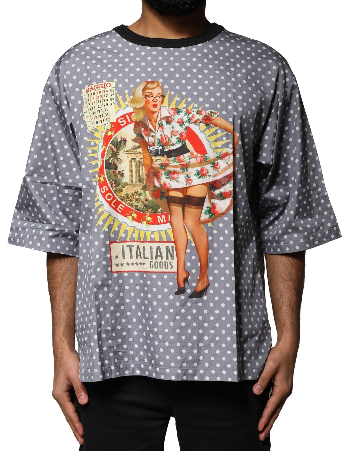 T-shirt ras du cou à imprimé pin-up à pois gris Dolce & Gabbana