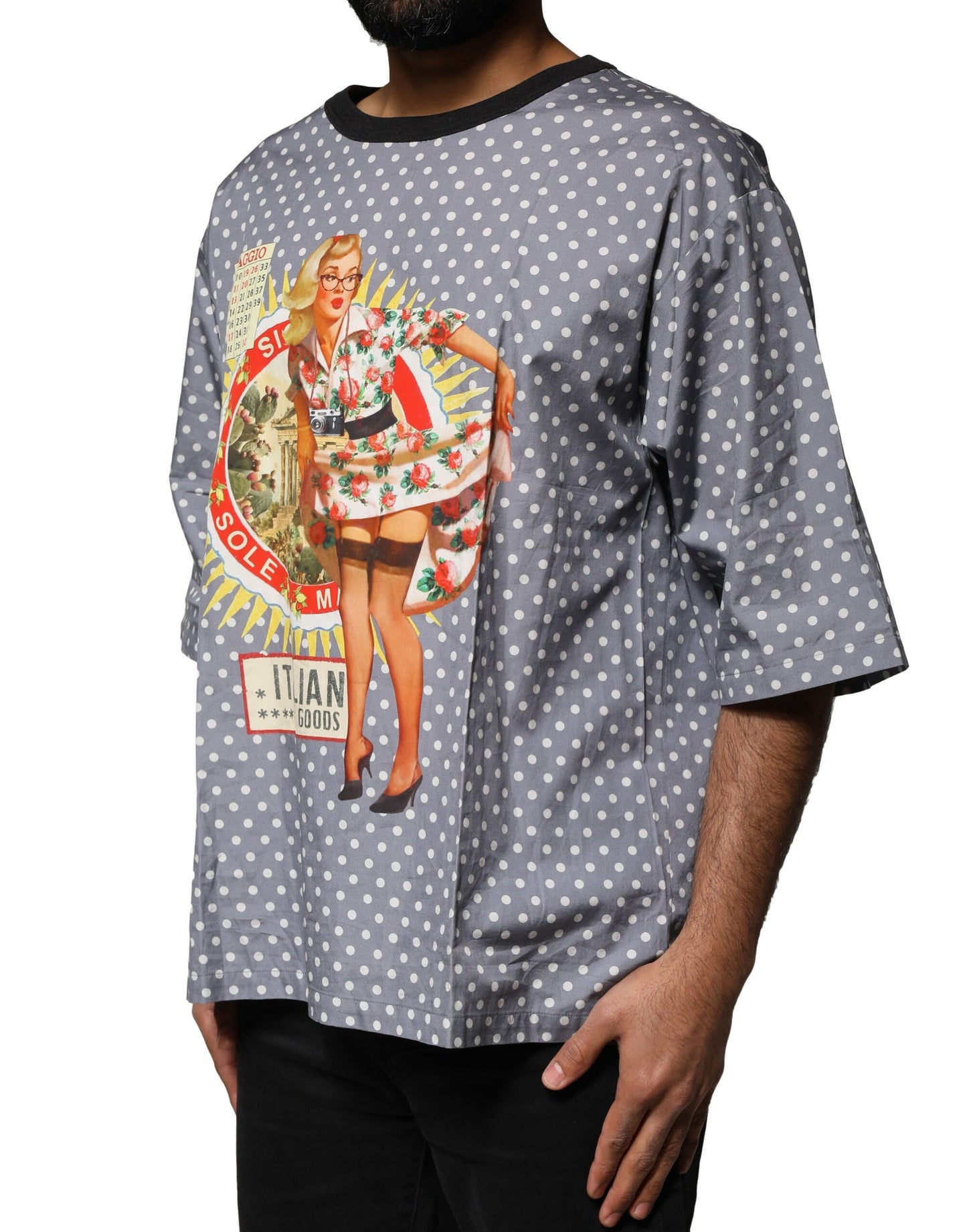 T-shirt ras du cou à imprimé pin-up à pois gris Dolce & Gabbana
