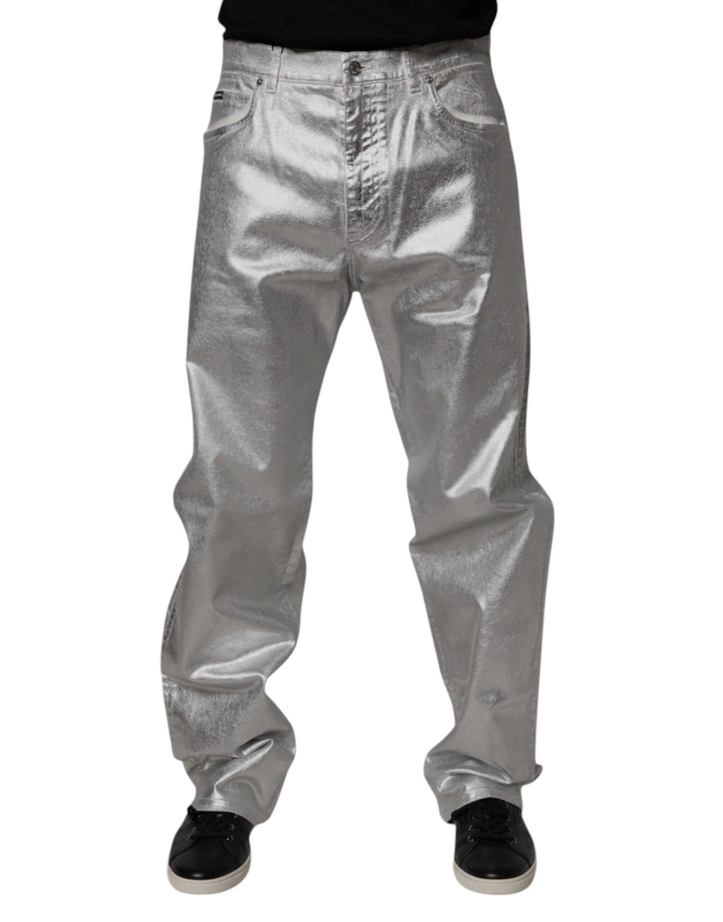 Jean droit en denim de coton argenté métallisé Dolce & Gabbana