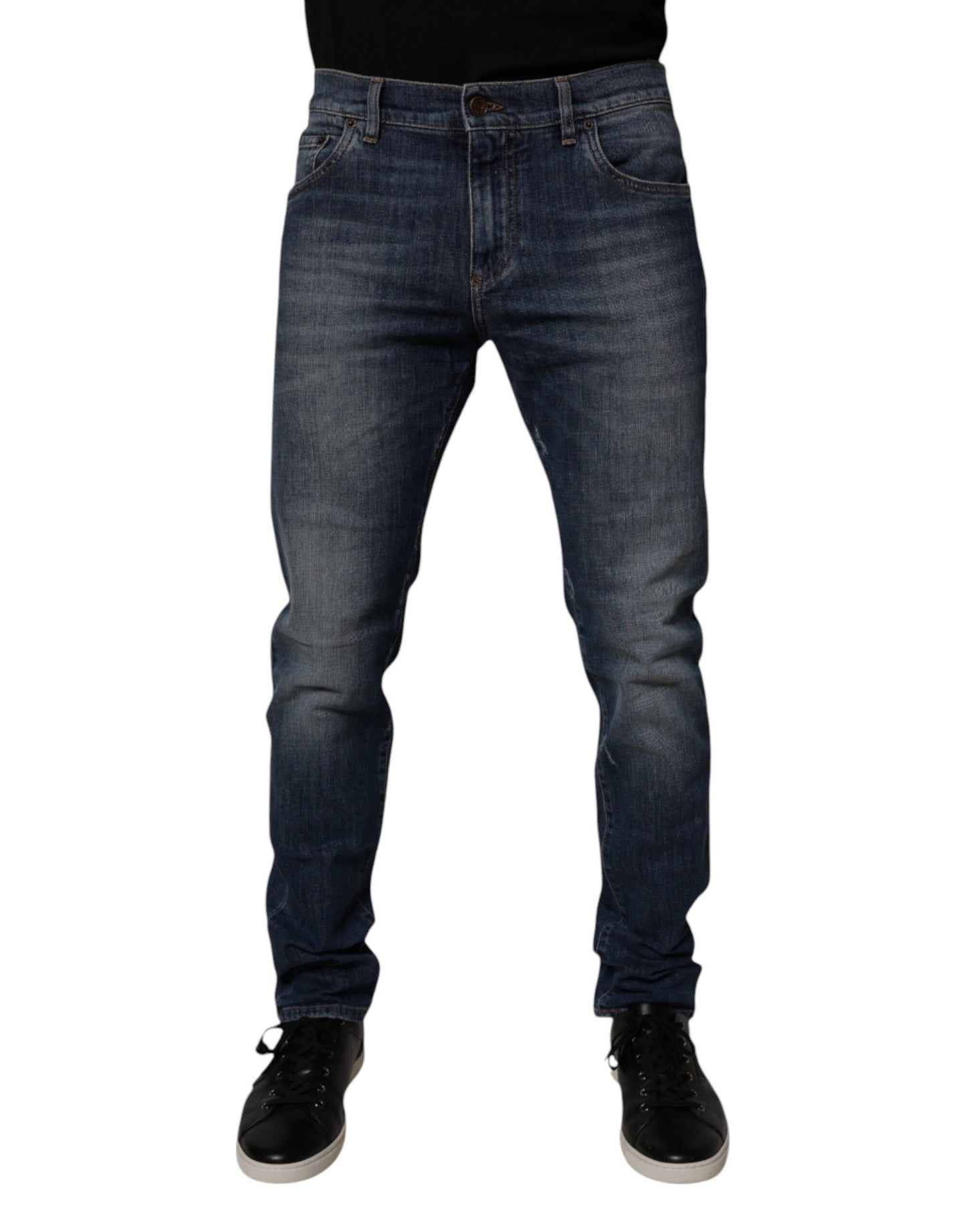 Jean skinny en cuir et coton bleu foncé Dolce & Gabbana