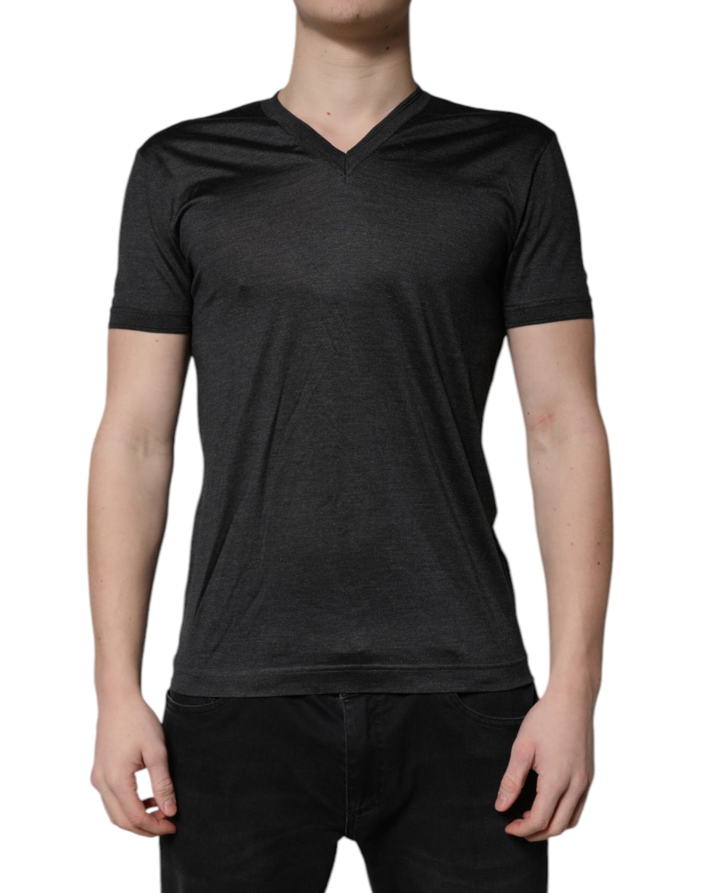 T-shirt à manches courtes et col en V en soie gris foncé Dolce & Gabbana