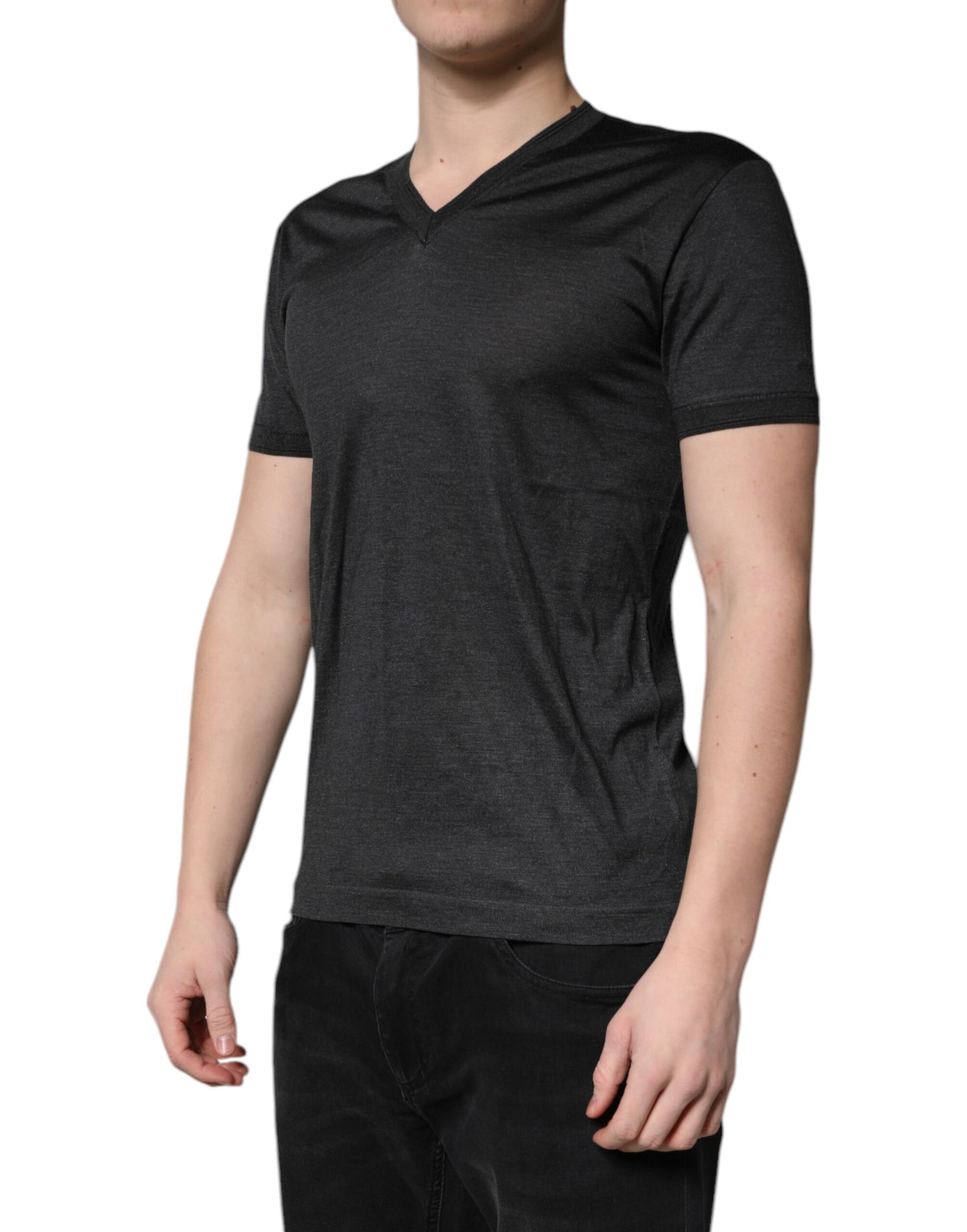 T-shirt à manches courtes et col en V en soie gris foncé Dolce & Gabbana