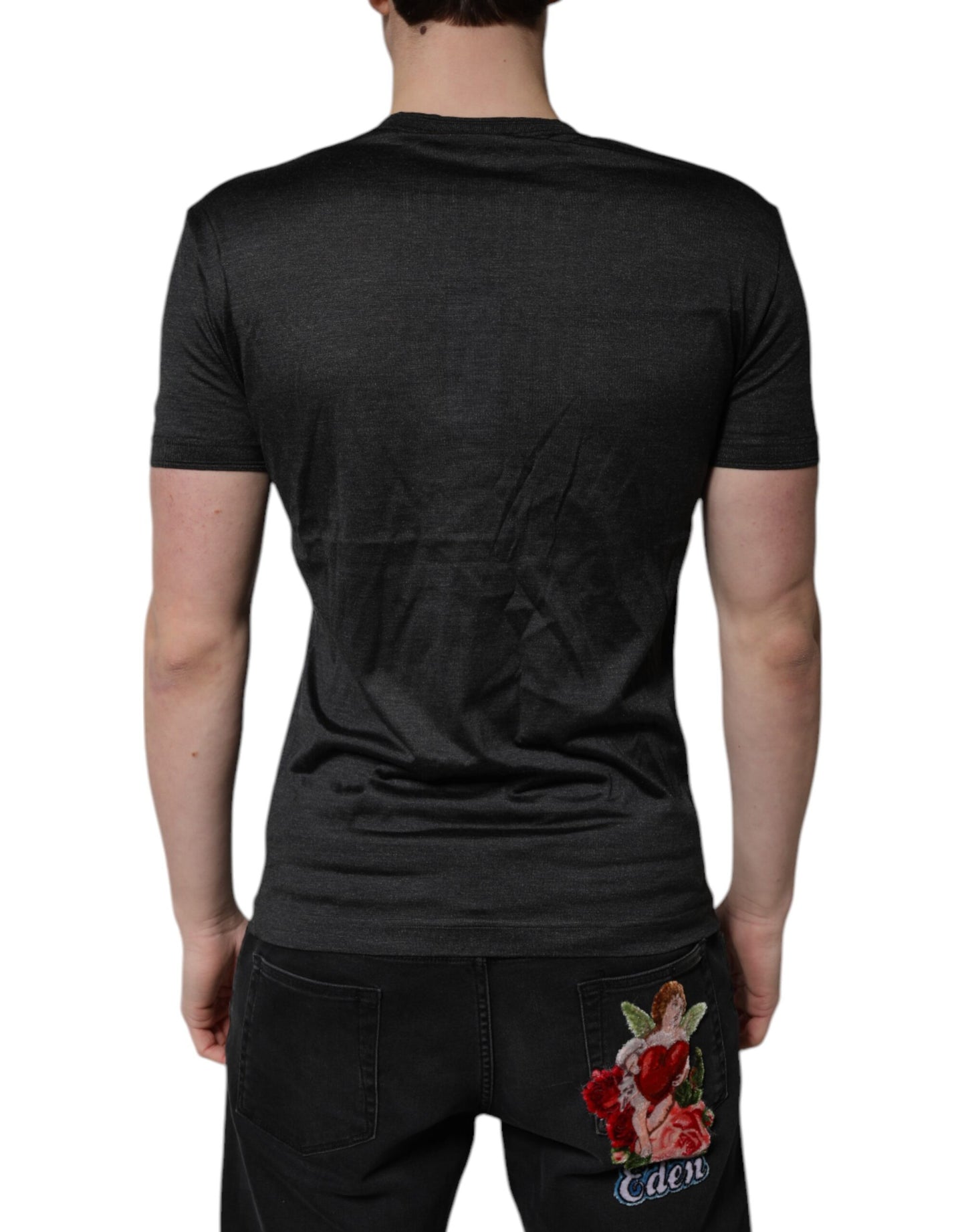 T-shirt à manches courtes et col en V en soie gris foncé Dolce & Gabbana