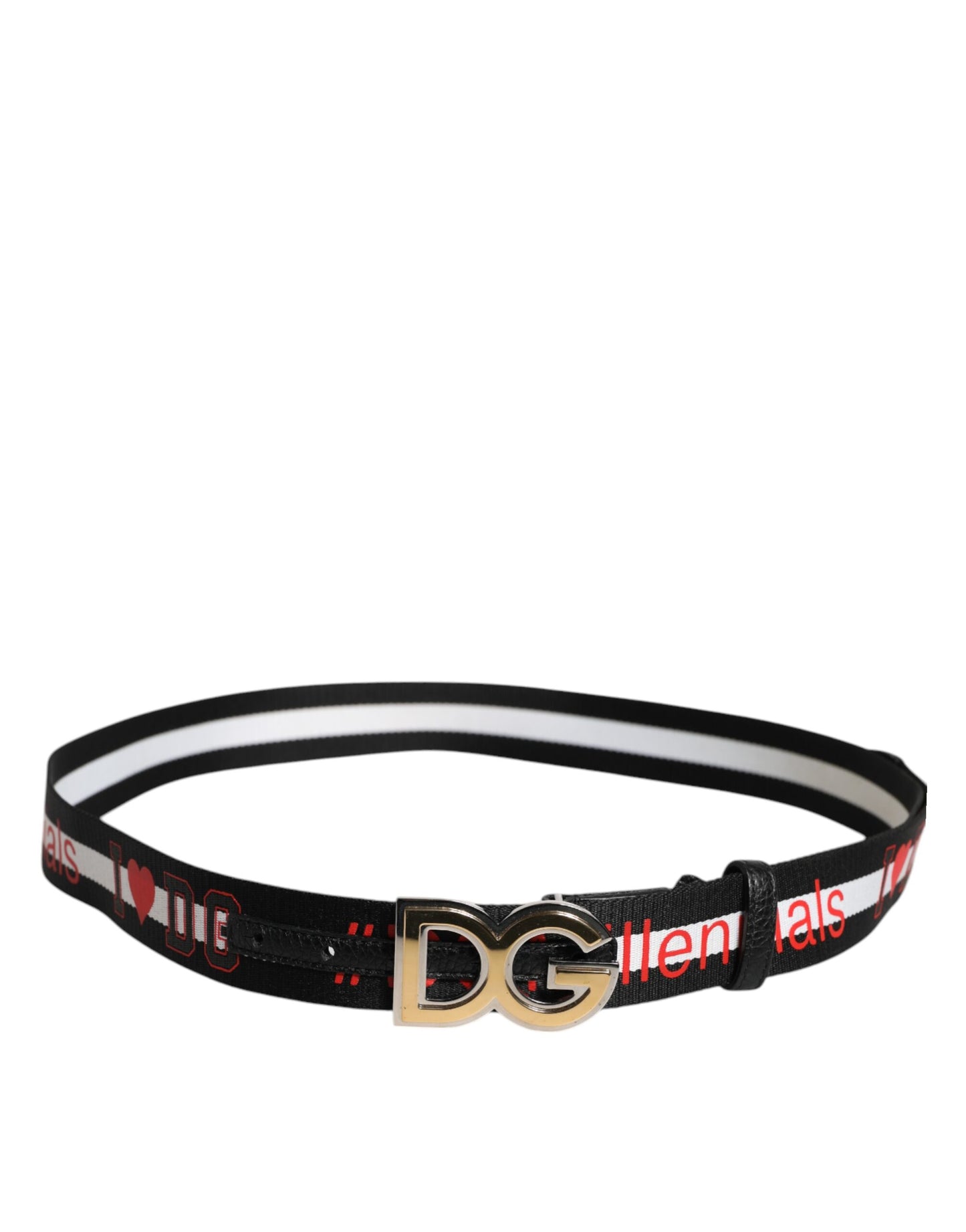 حزام Dolce & Gabbana الأسود والأبيض المطبوع مزود بإبزيم معدني يحمل شعار العلامة التجارية.