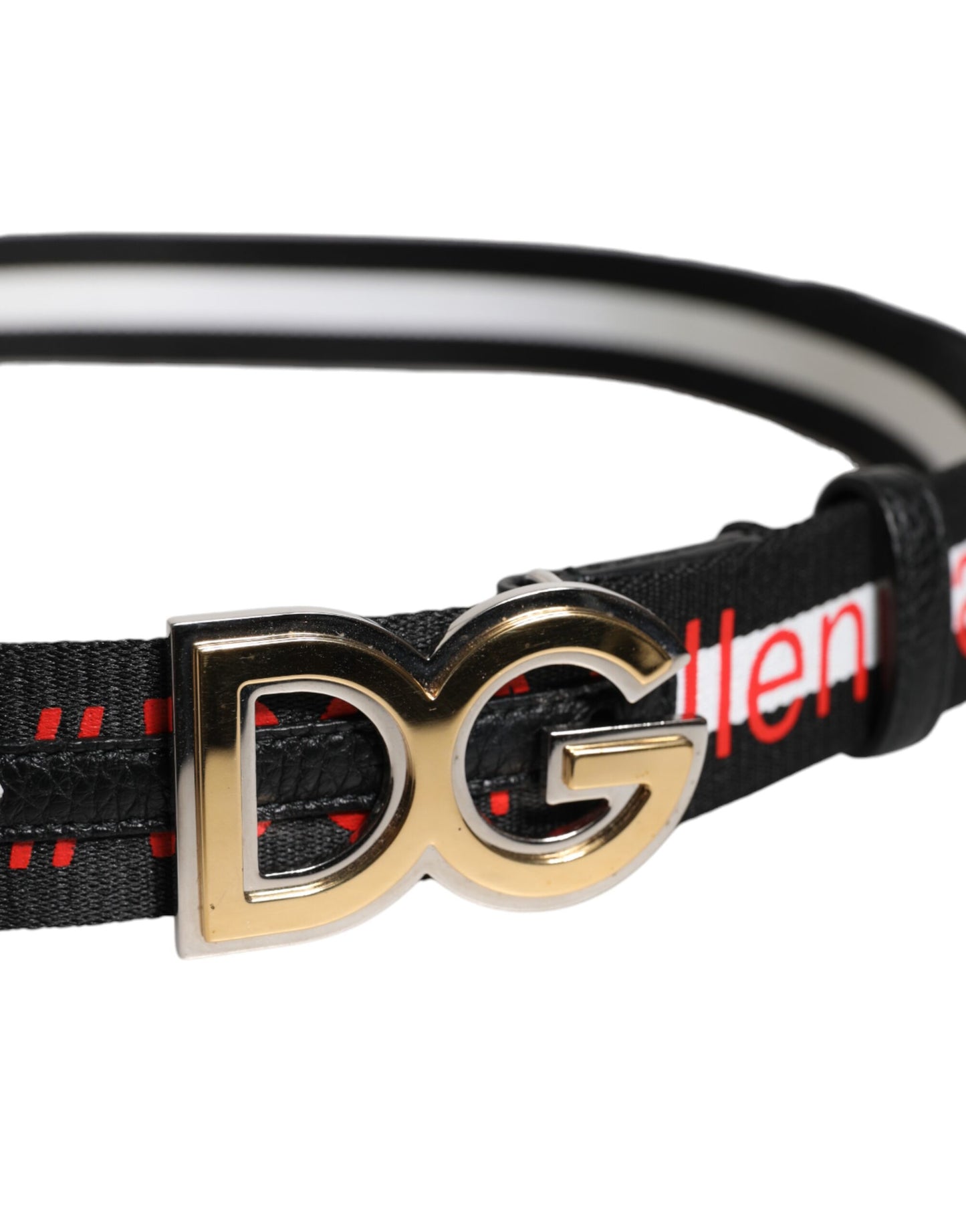 حزام Dolce & Gabbana الأسود والأبيض المطبوع مزود بإبزيم معدني يحمل شعار العلامة التجارية.