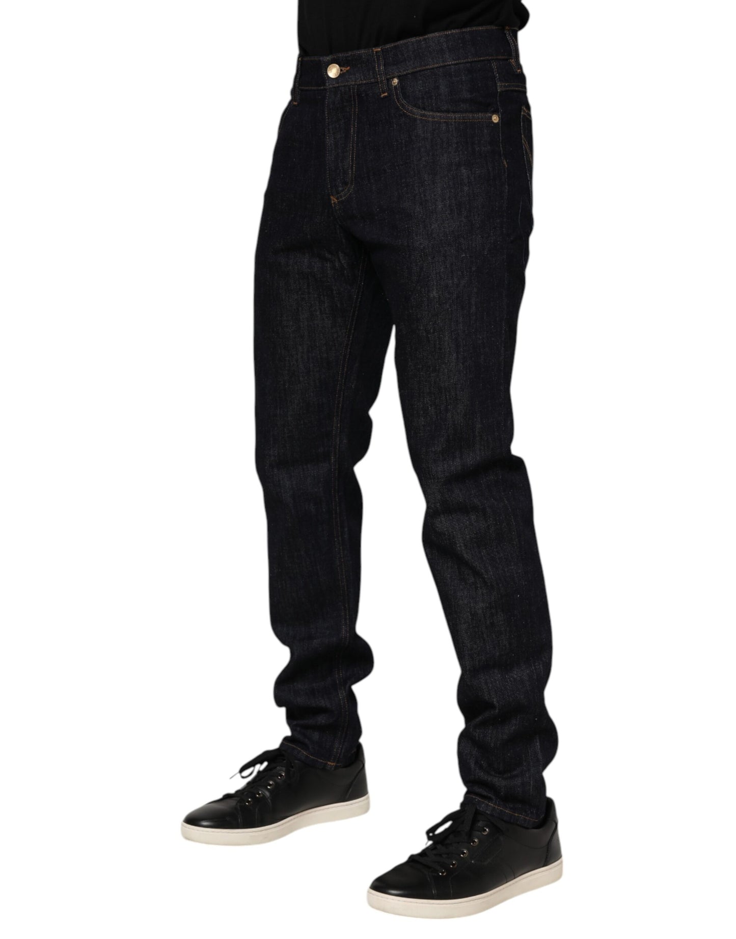 Jean en denim bleu foncé avec plaque logo Dolce & Gabbana pour homme