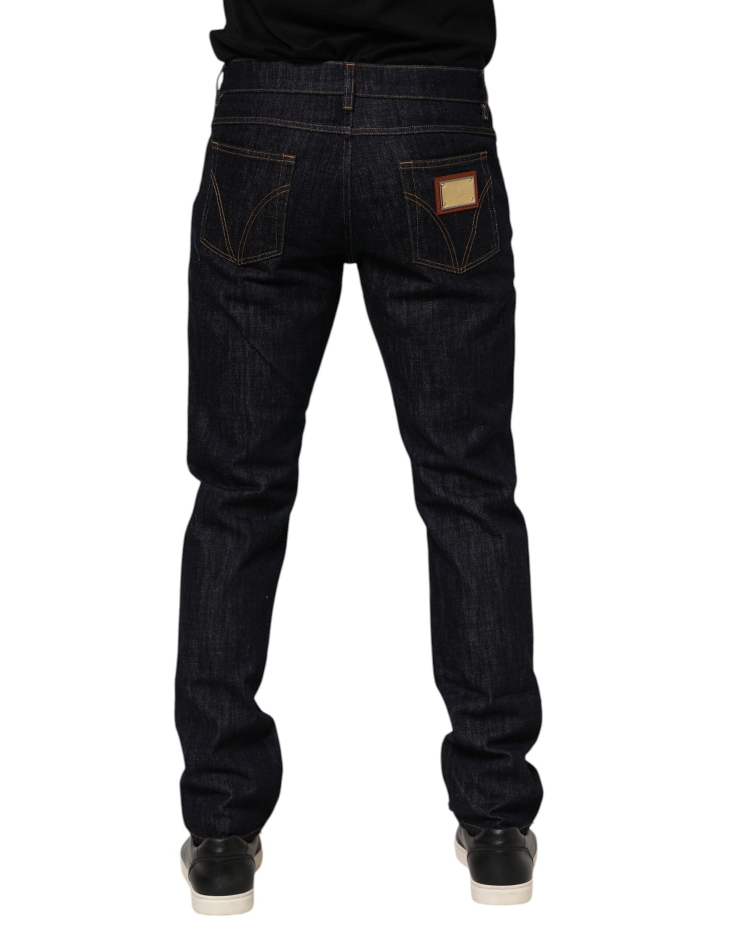 Jean en denim bleu foncé avec plaque logo Dolce & Gabbana pour homme