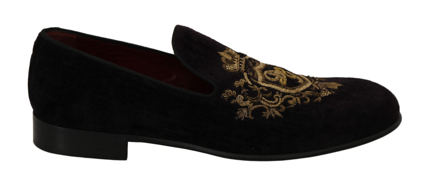 Mocassins Dolce & Gabbana en velours noir avec couronne dorée