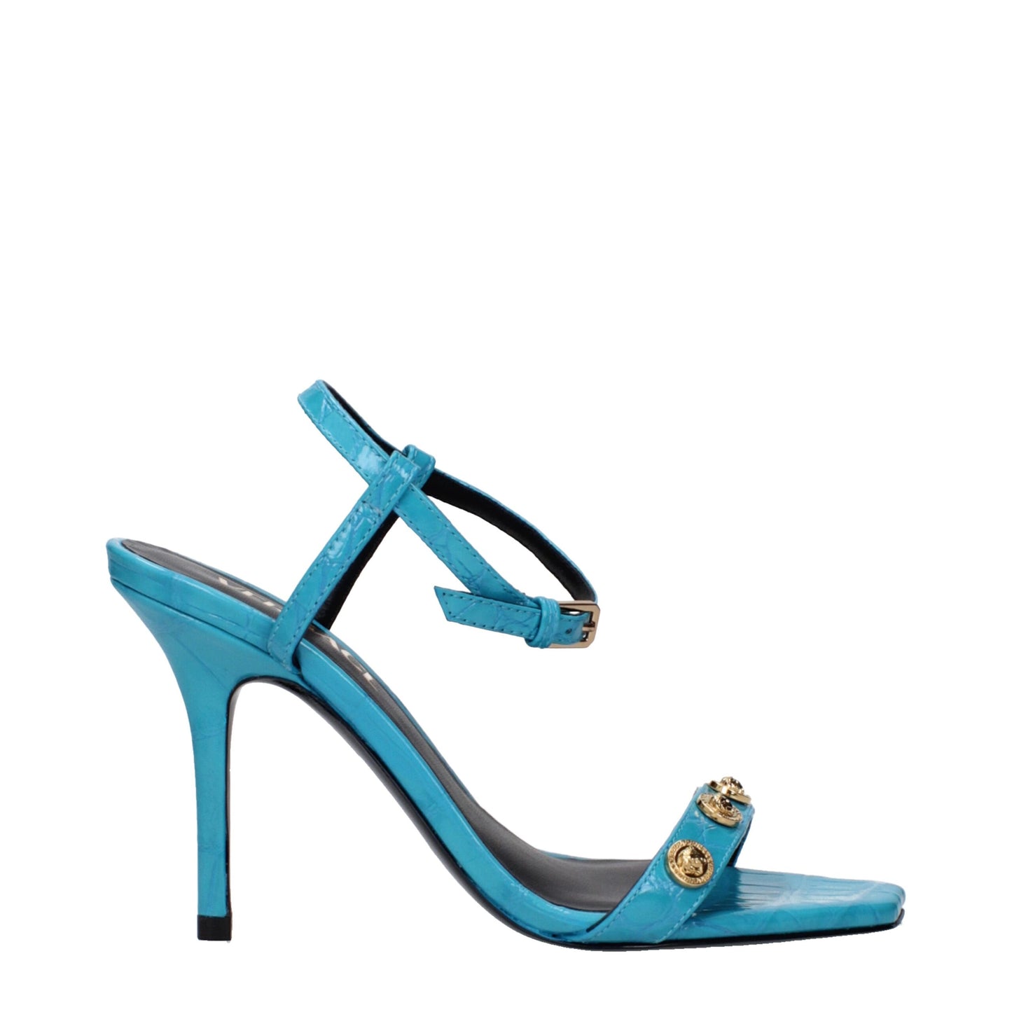 Versace Sandalen aus blauem Leder mit Stilettoabsatz