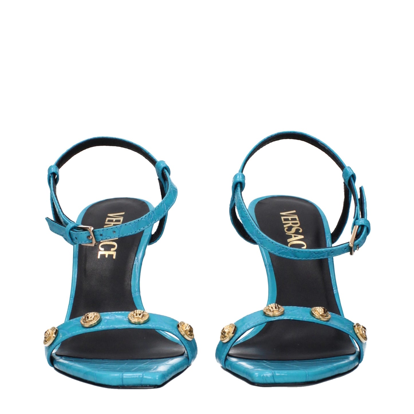 Versace Sandalen aus blauem Leder mit Stilettoabsatz