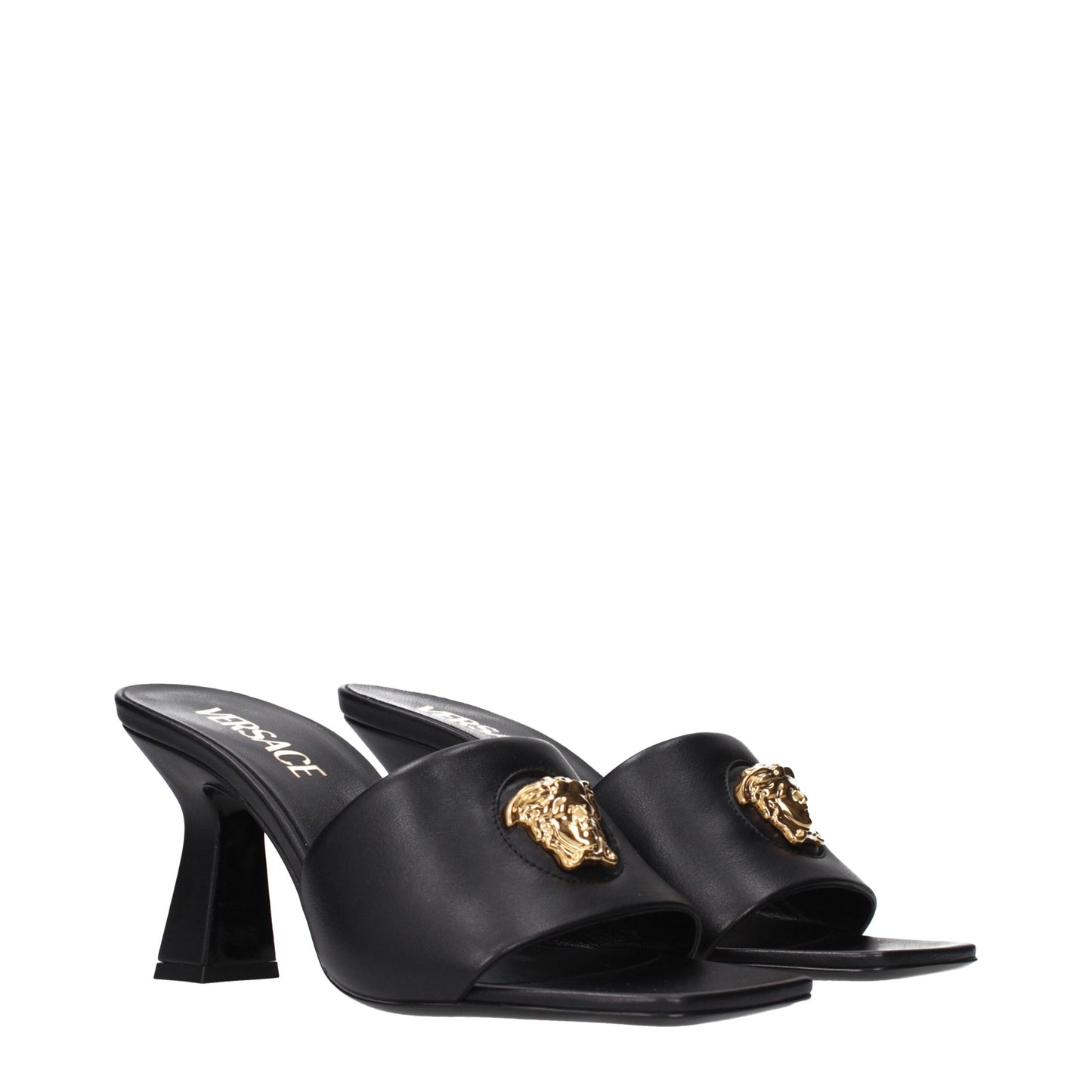 Versace Sandalen aus schwarzem Leder mit Stilettoabsatz