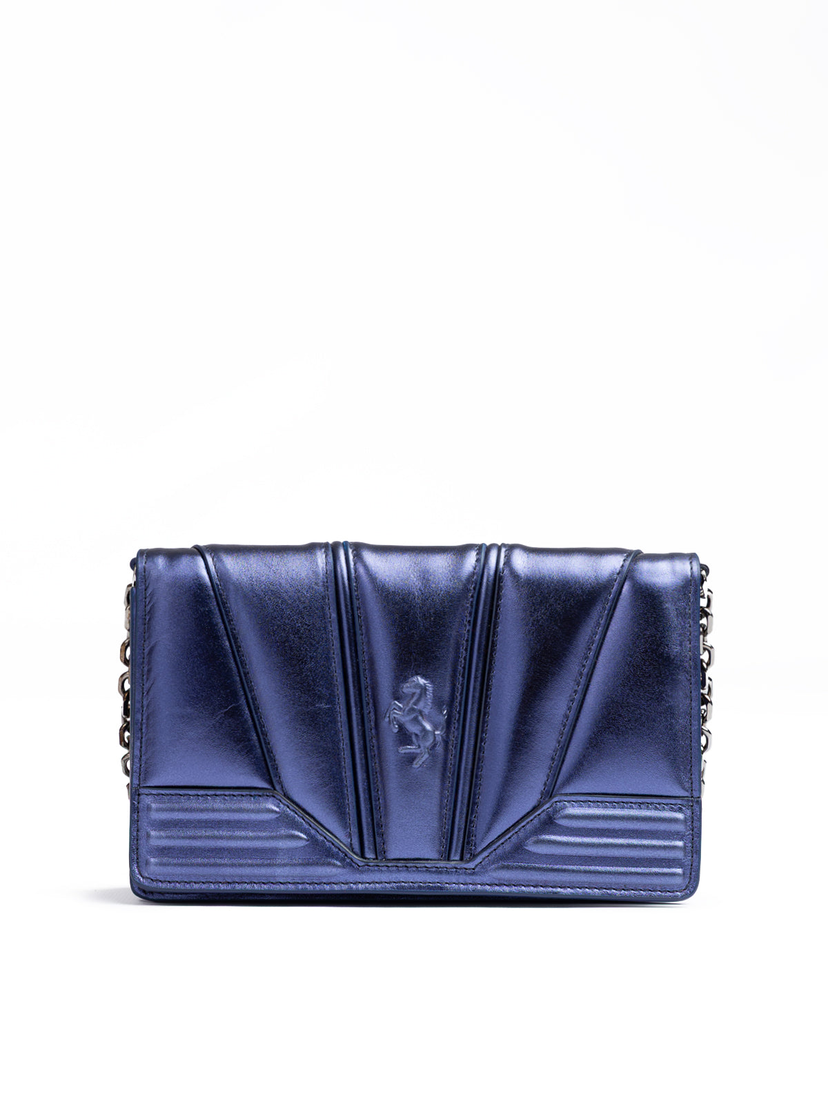 Sac Ferrari Metal bleu GT en cuir verni avec chaîne