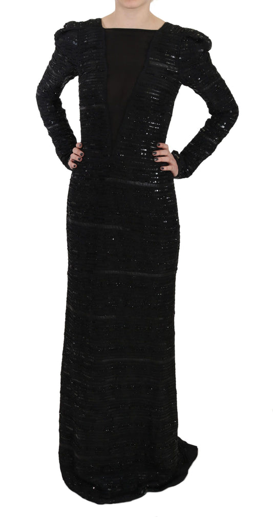 John Richmond – Langes, schwarzes Seidenkleid mit Pailletten