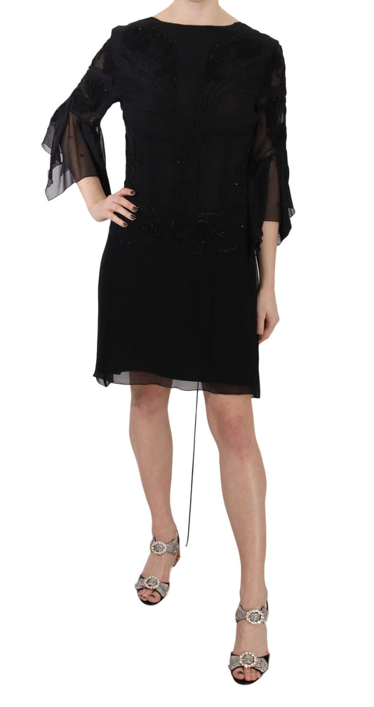 Robe courte droite en soie noire à paillettes John Richmond