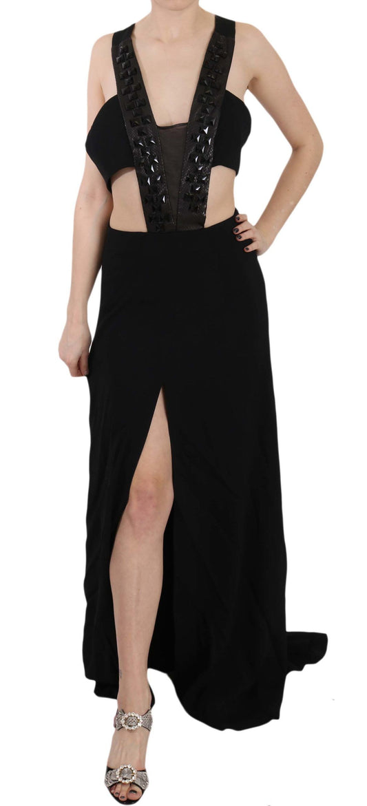 Robe évasée en cuir noir et cristal de John Richmond