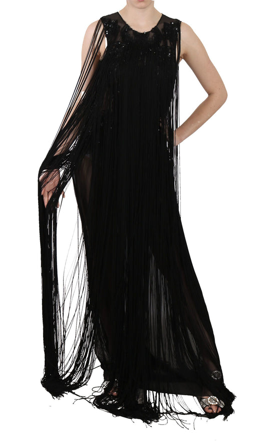 Robe transparente en soie noire à paillettes et perles John Richmond