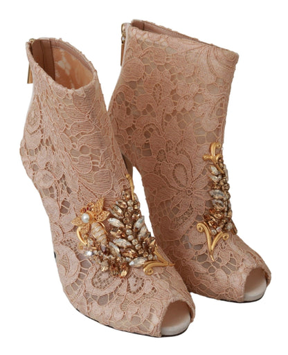 Bottines à talons aiguilles en dentelle et cristaux roses Dolce &amp; Gabbana