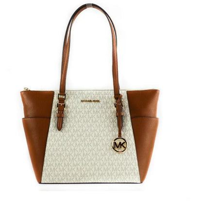 Michael Kors Charlotte Signature Tote Bag aus Leder mit großem Reißverschluss oben (Vanille)